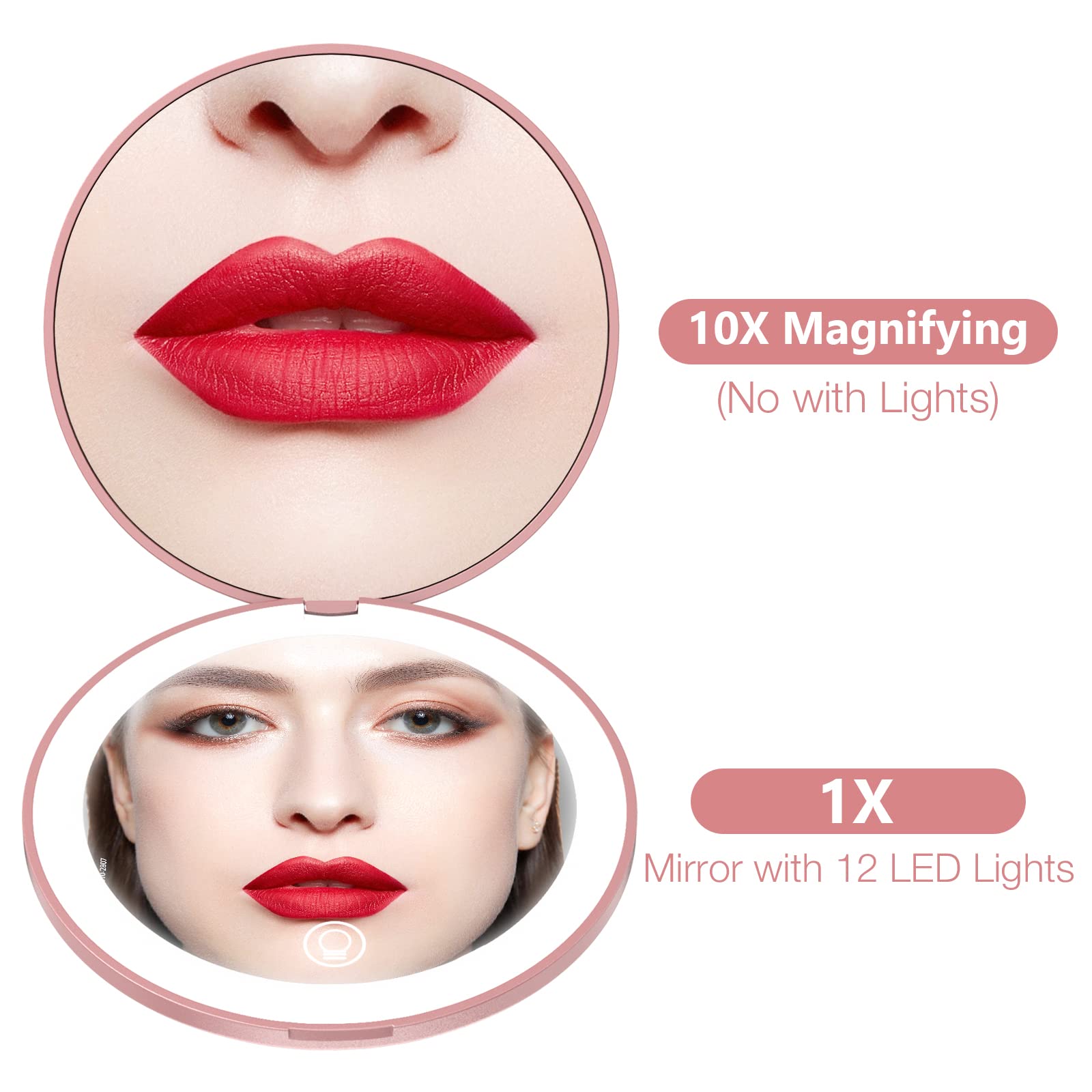 wobsion Travel Mirror with Light, Rechargeable 1x/10x Compact Magnifying Mirror, Dimmable Pocket Mirror,3.5inch Travel Size,Port