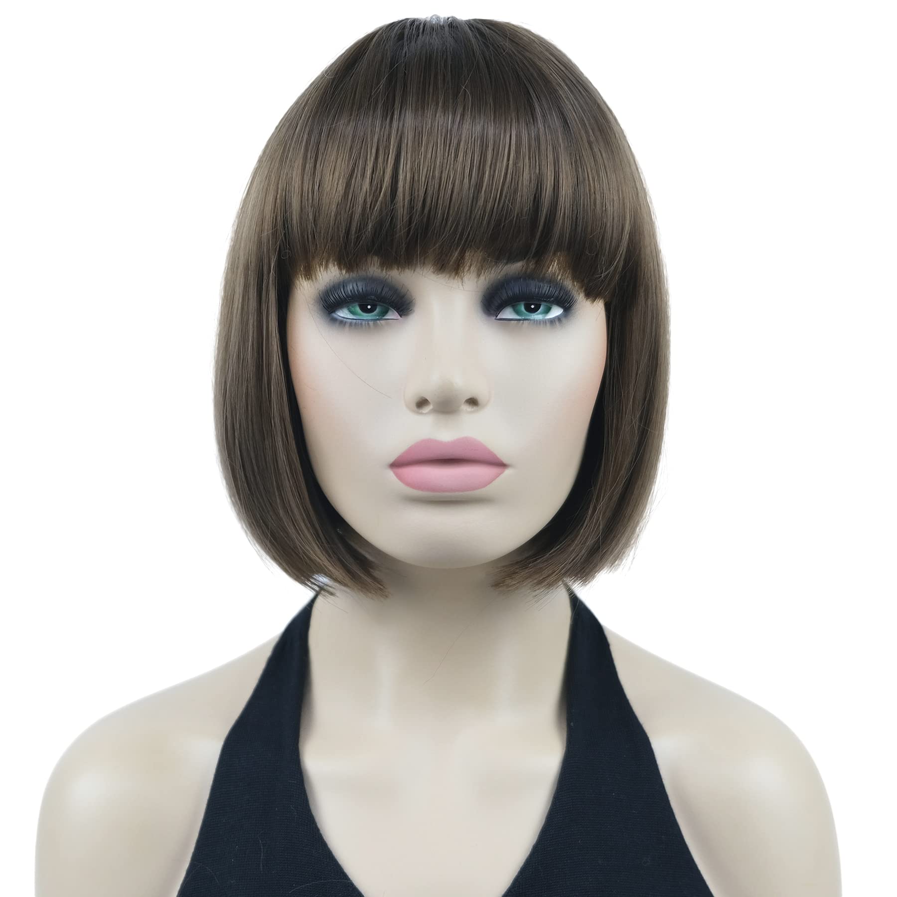 Lydell 8'' Straight Short Bob Wigs Heat Resistant Synthetic Hair Flat Bangs Cute Central Dot Skin (10 Medium Golden Brown)