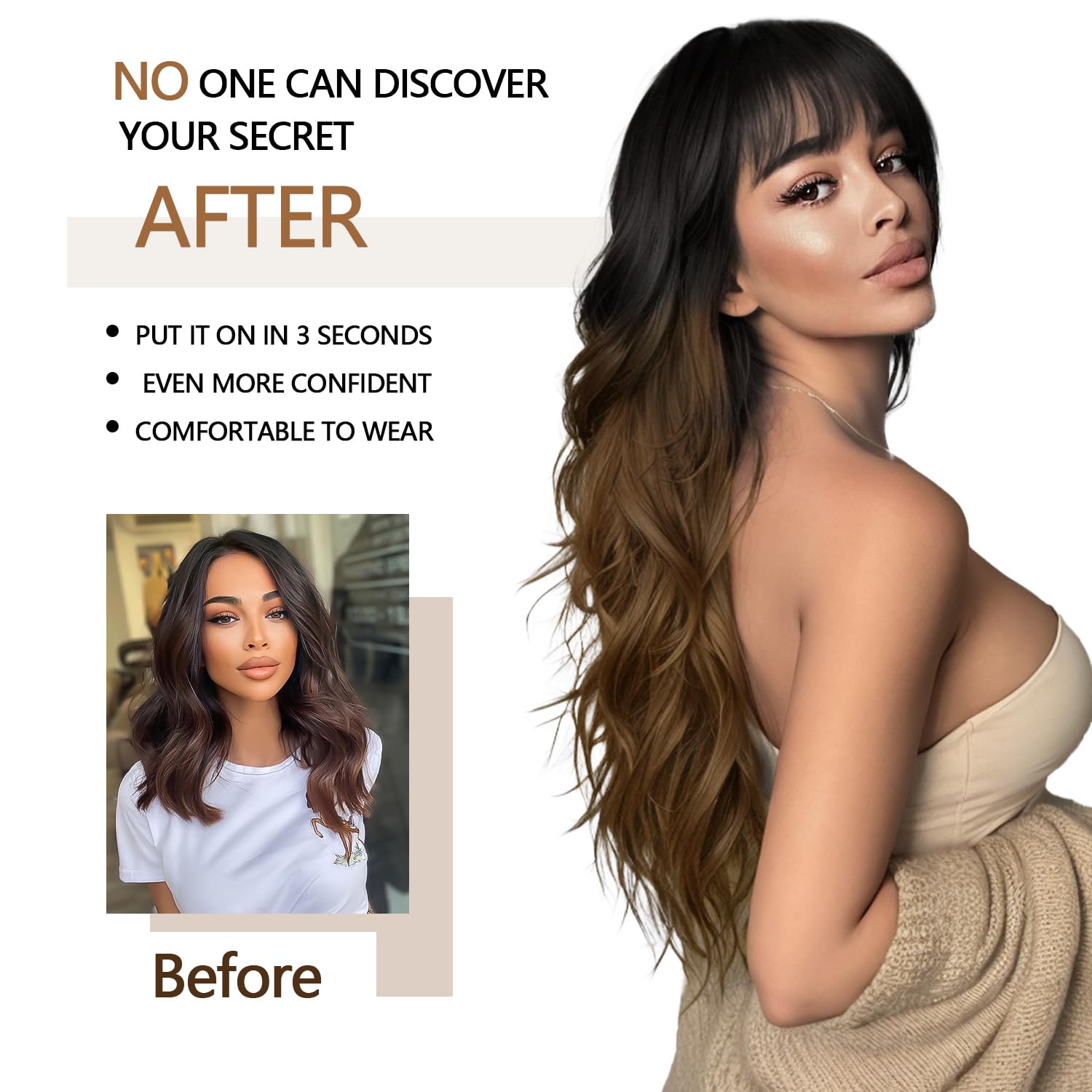Aisi Hair Black To Brown Wig With Bangs Long Wavy Synthetic Wig For Women With Daily Party Use