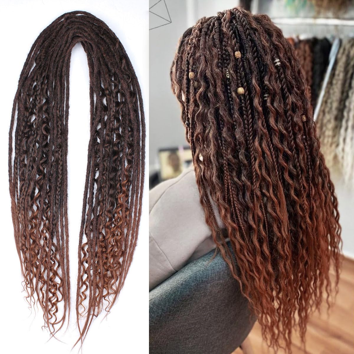 KRALER 24 Inch Mixed DE Dreadlock Extensions Sets, 3 in 1 20 Strands Synthetic Double Ended Dreads Extensions, Auburn Hippie Cro