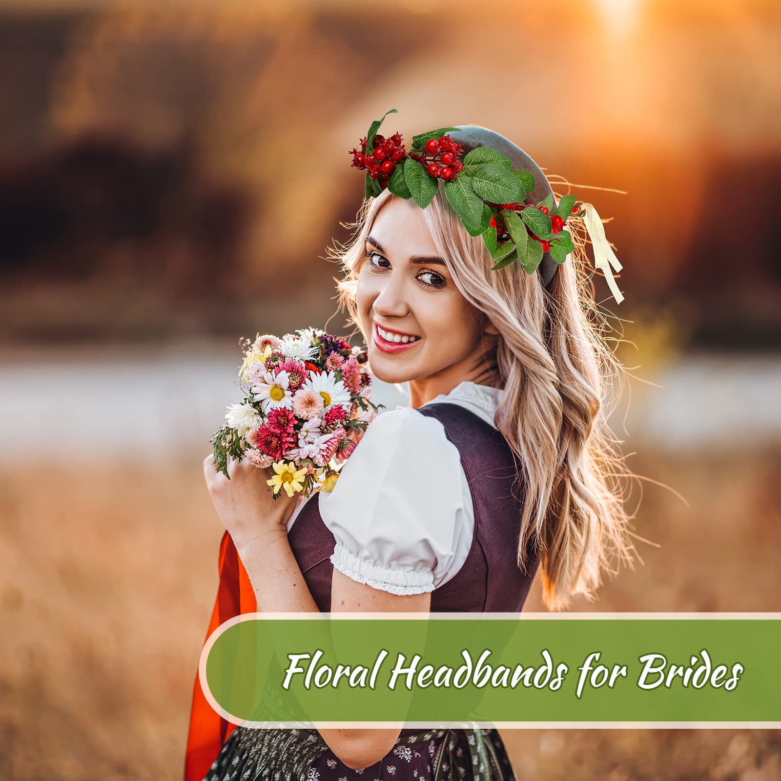 Yilloog 2 Pcs Green Hawaiian Flower Crown Headpiece, Artificial Berry & Leaf, Boho Bridal Hair Wreath for Wedding & Festival