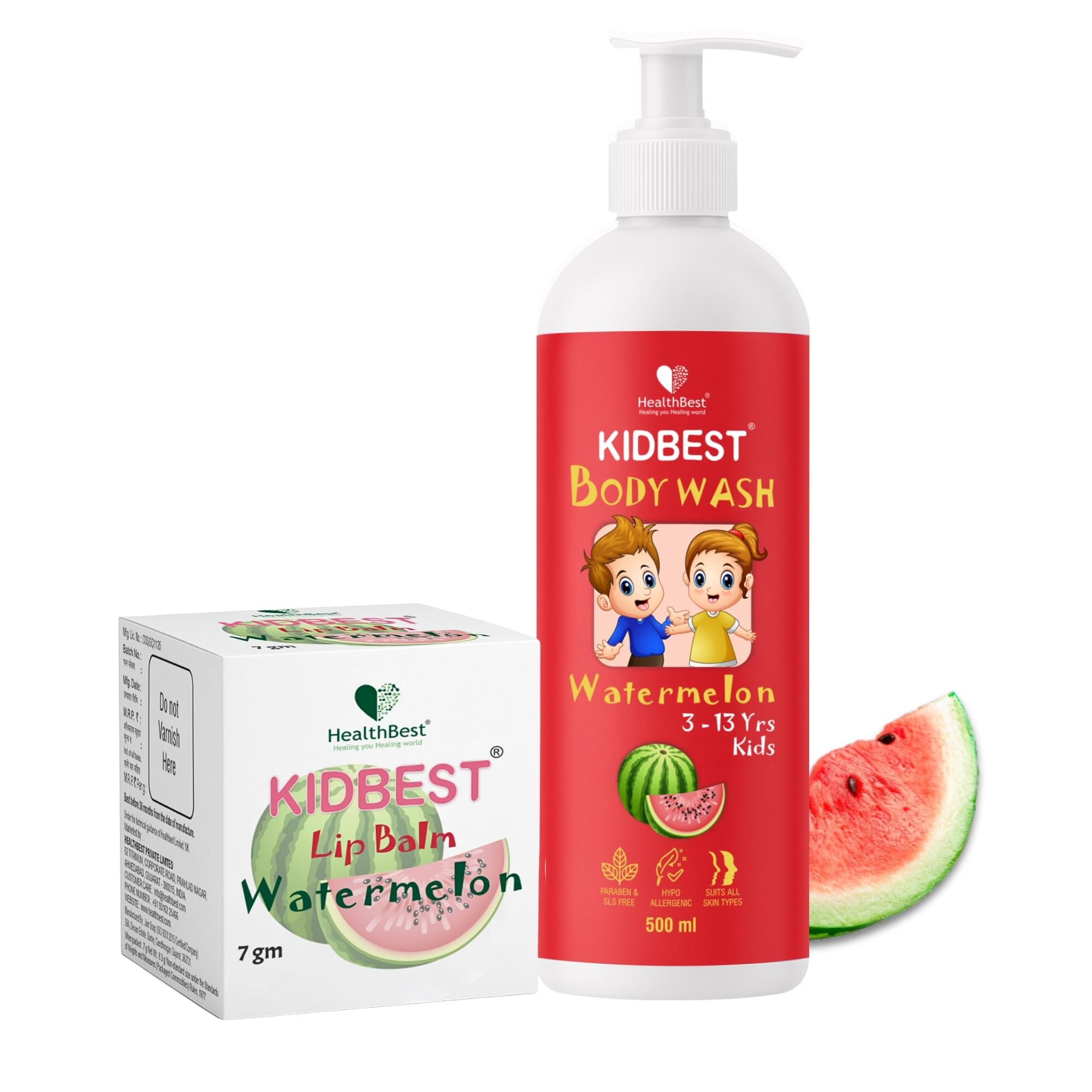 Healthbest Kids Lip Balm 7Gm & Body Wash 500Ml Combo For 3-13 Years | Gentle Skincare For Kids | Natural, Tear-Sulphate And Para