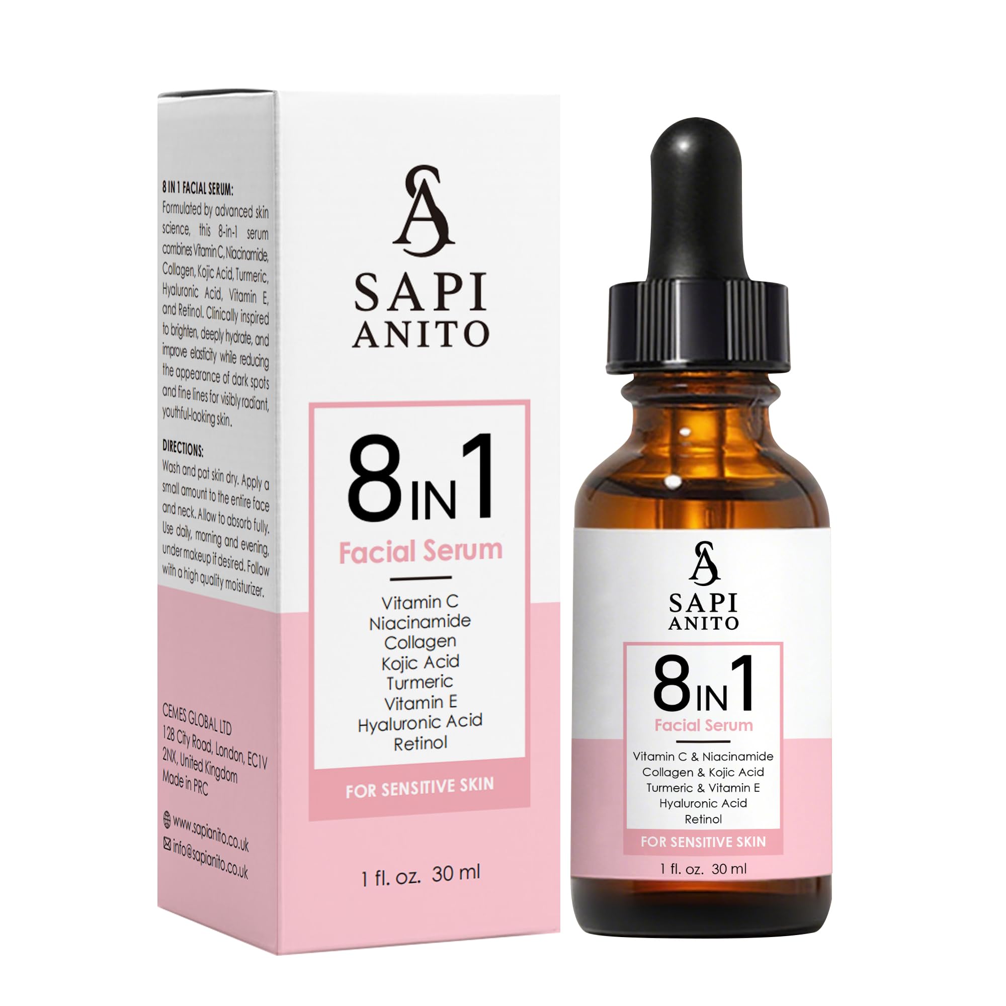 Sapi Anito 8in1 Sensitive Face Serum, Vitamin C, Niacinamide, Collagen, Kojic Acid, Turmeric, Vitamin E, Hyaluronic Acid & Ret