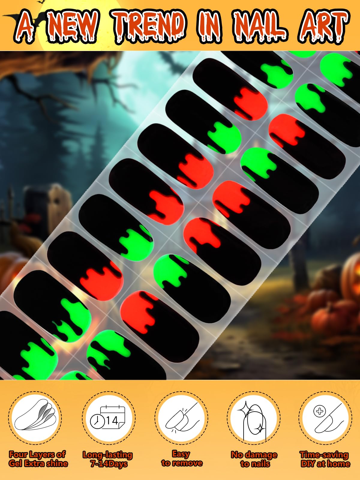 Ebanku 24Pcs Semi-Cured Gel Nail Strips, Halloween Y2K Nail Gel Polish Strips Real Nail Polish Art Stickers Wraps Easy Apply For