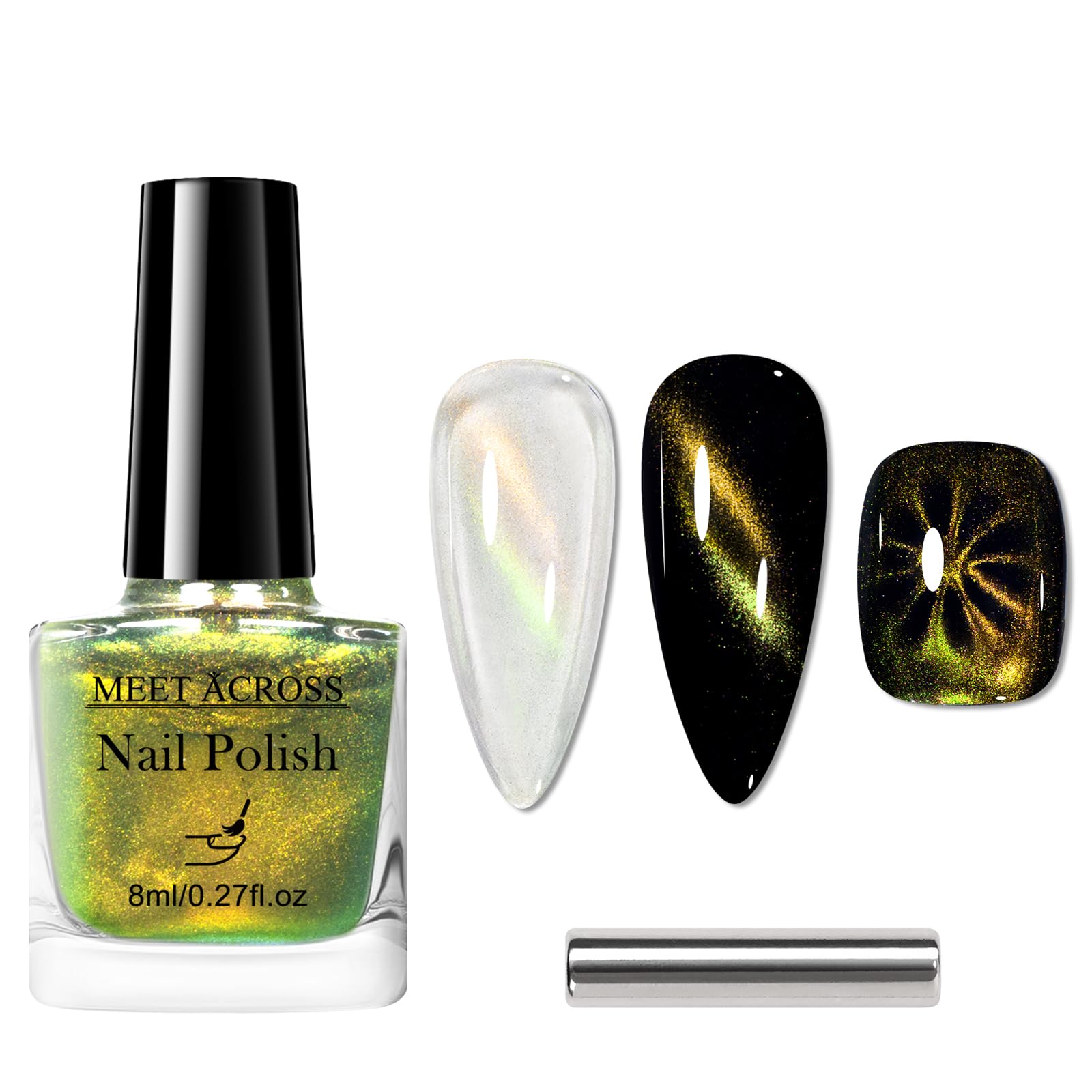 MEET ACROSS Magnetic Shimmer Nail Polish with Magnet, Green Reflective Nail Art Design Air Drying Fast Lacquer Manicure Salon DI