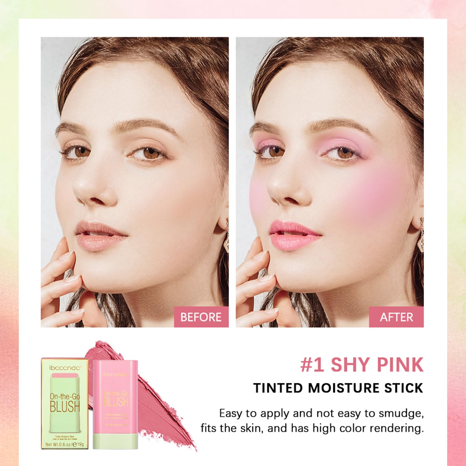 Meicoly Multi Use Makeup Blush Stick,On-The-Go 2-In-1 Lip Cheek Cream Blush Stick,Waterproof Solid Face Blush Makeup Cheek Tint,