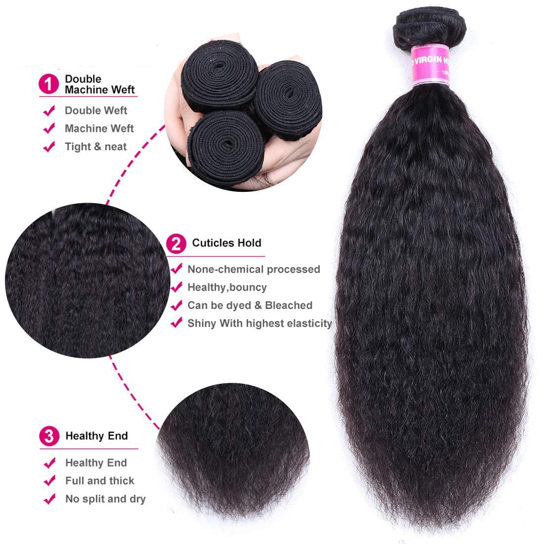 UNice Yaki Kinky Straight Human Hair Weave 3 Bundles 100% Unprocessed Mongolian Virgin Human Hair Weft Sew in Human Hair Extensi
