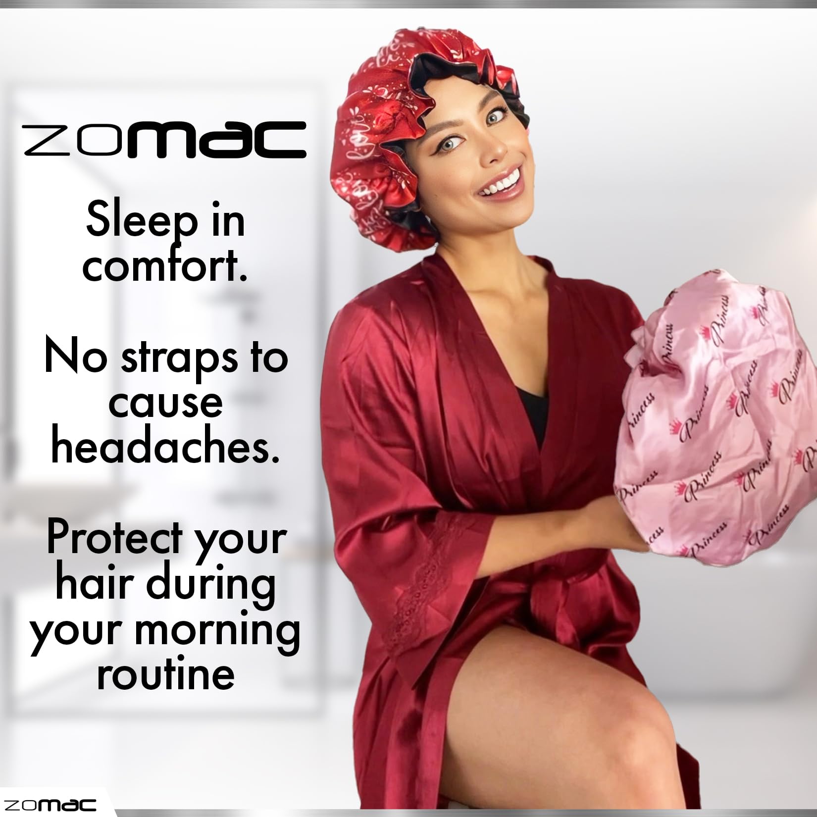 Zomac Satin Bonnet For Sleeping, Bonnet For Curly Hair, Sleeping Bonnets For Women (Red Love) (Love) (Love)