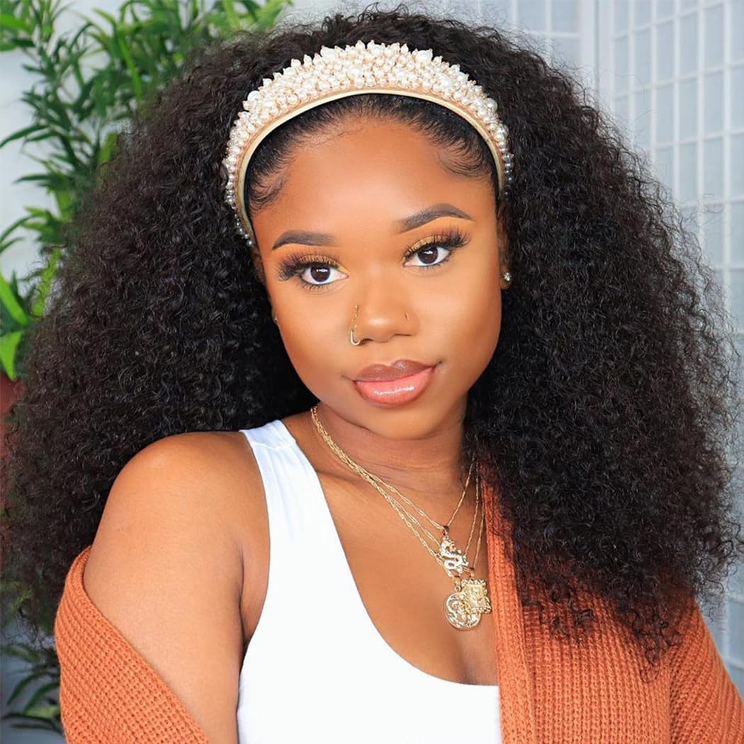 Rebasar Human Hair Headband Wig Deep Wave 18 Inch Curly Headband Wig Human Hair Wigs for Black Women Human Hair Glueless No Lace