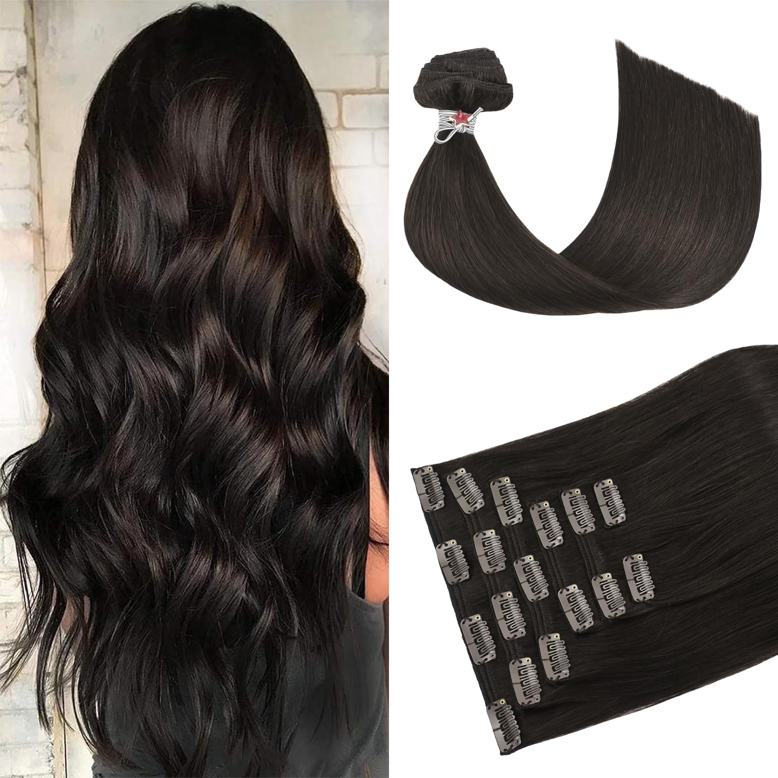 HUAYI Dark Brown Clip in Hair Extensions Real Human Hair, 16Inch 120g 7pcs Human Hair Extensions Clip In Human Hair, Dark Brown 