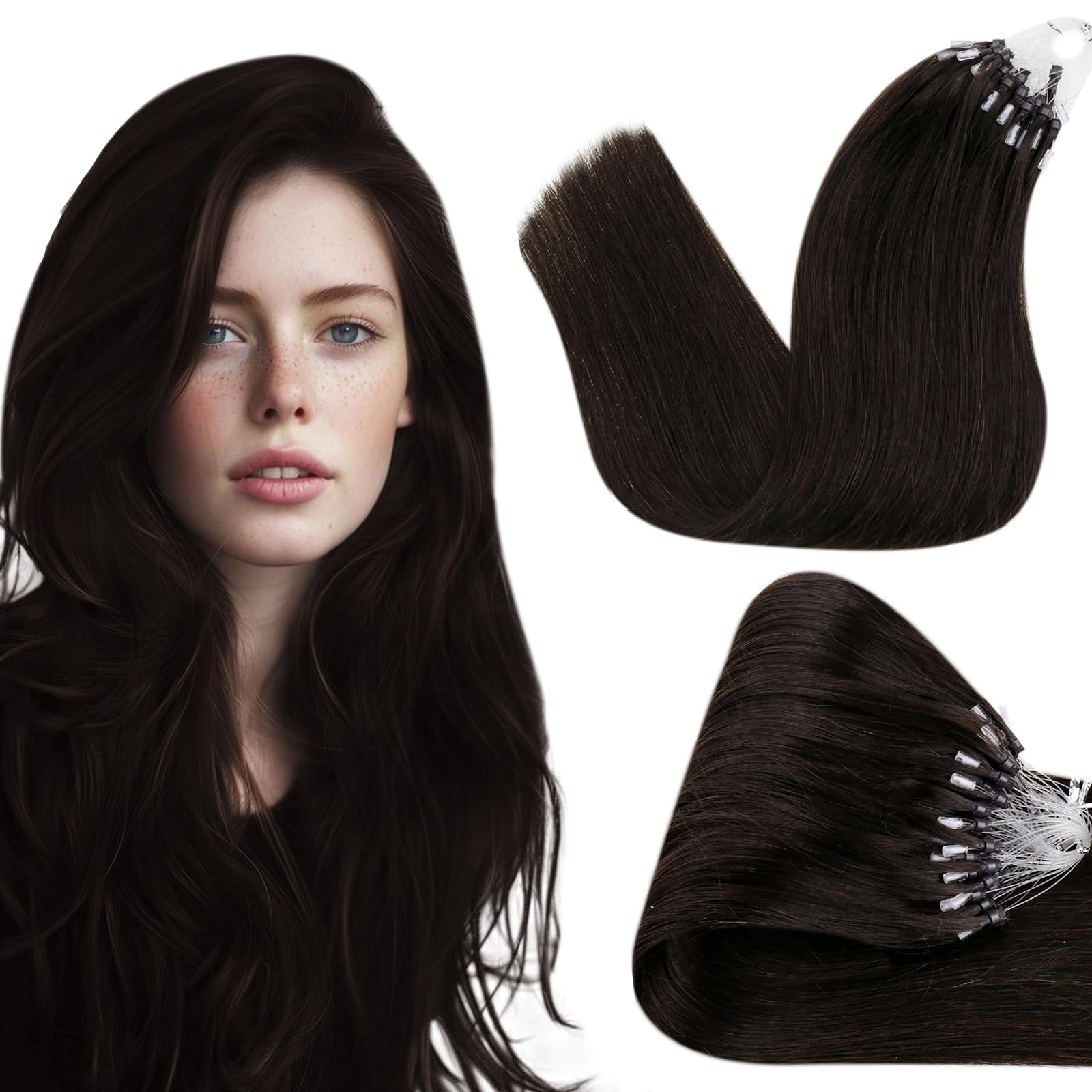 Hetto Brown Micro Loop Human Hair Extensions Natural Micro Ring Hair Extensions 20 Inch #2 Darkest Brown Micro Link Hair Extensi