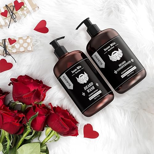 Beard Wash And Conditioner Set (Large 17 Oz Each), New Beard Growth Formula With Biotin Argan & Jojoba Oils, Smooth Soften Stren