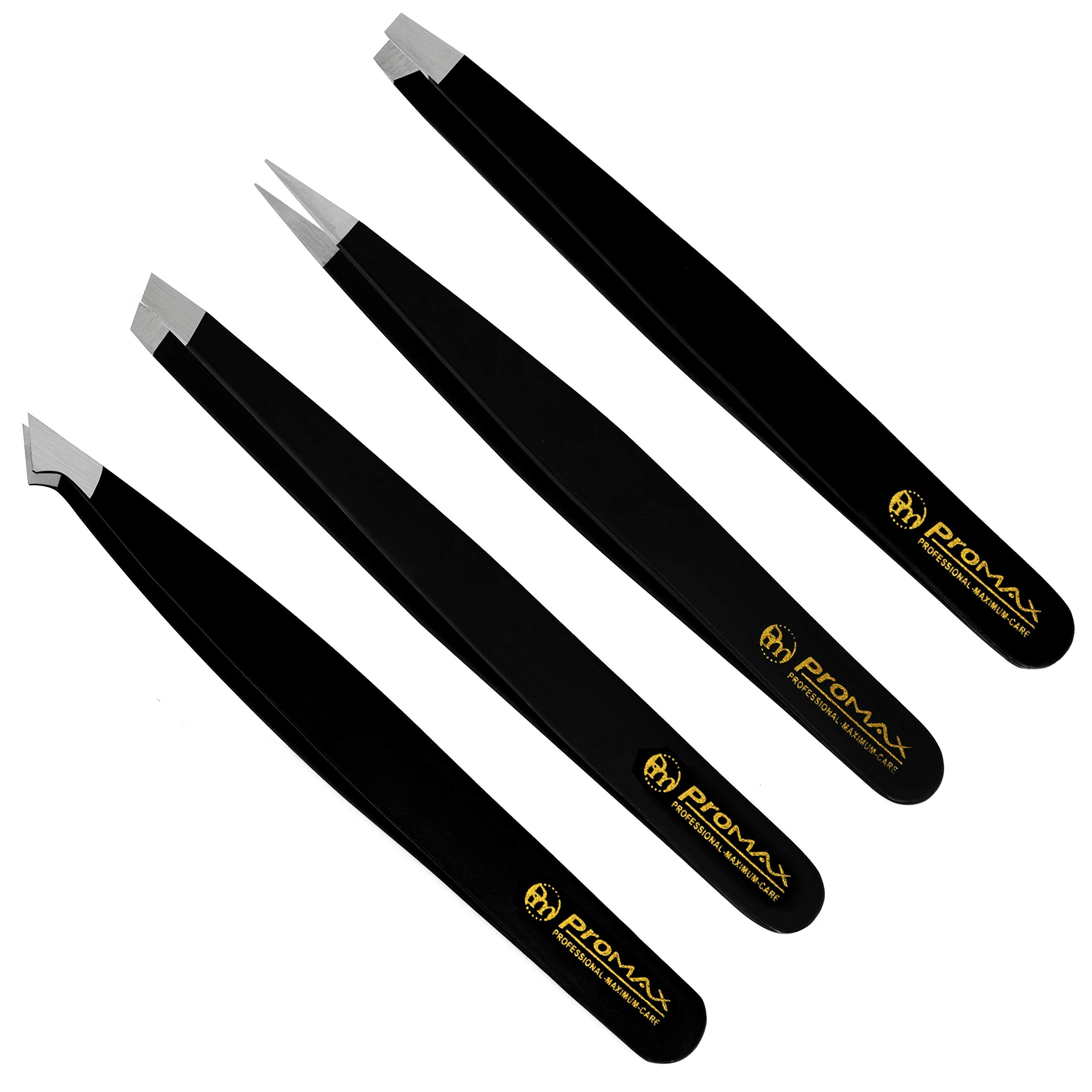 Promax Care Eyebrow 4-Piece Tweezers Set - Stainless Steel Slant Tip And Pointed Eyebrow Tweezer Set - Great Precision For Facia