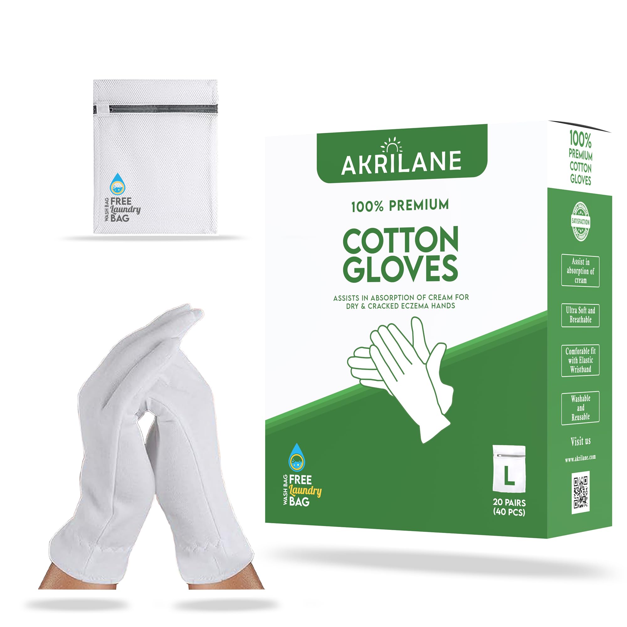 L Large 20 Pairs 100% Premium Cotton Gloves For Dry Hands | Moisturizing Overnight Gloves For Eczema, Psoriasis & Skin Spa Treat
