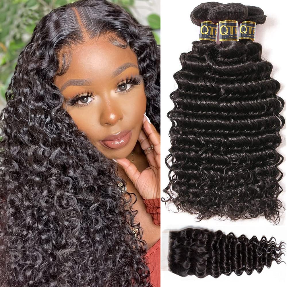 QTHAIR 12A Brazilian Deep Wave Bundles with Closure (16 18 20+14) 100% Human Hair 3 Bundles with Closure Wet and Wavy Curly Bund