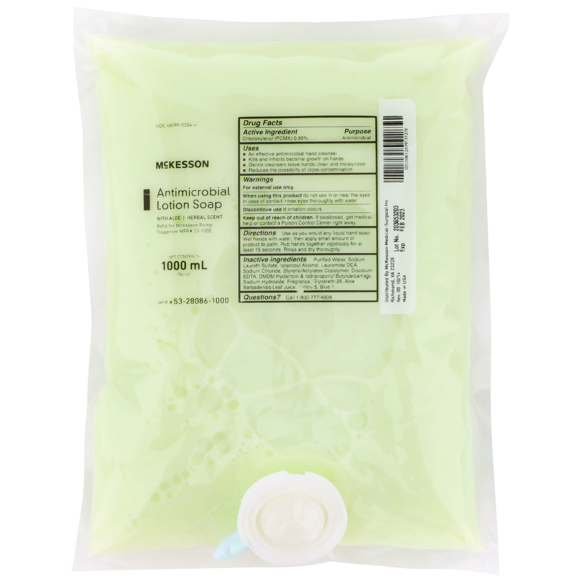 Mckesson Antimicrobial Lotion Hand Soap with Aloe, 1000 mL Refill Bag [Pack of 10 Bags] - Bulk, Herbal Scent, Keeps Hands Clean 