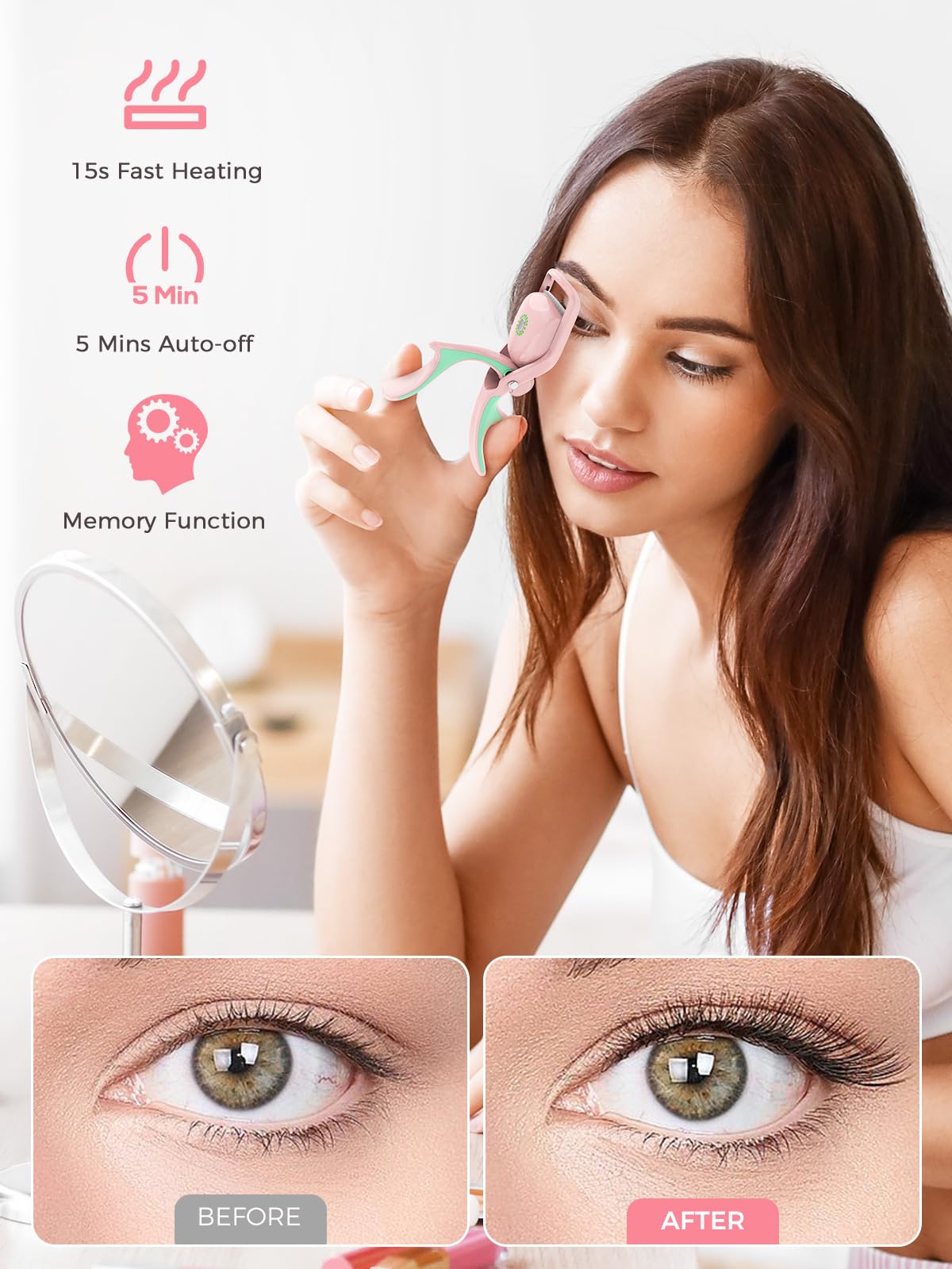 Heated Eyelash Curler, Rechargeable Handheld Eyelash Curler with 3 Heating Modes & 15s Fast Preheat 5 Mins Power 0ff and Large W
