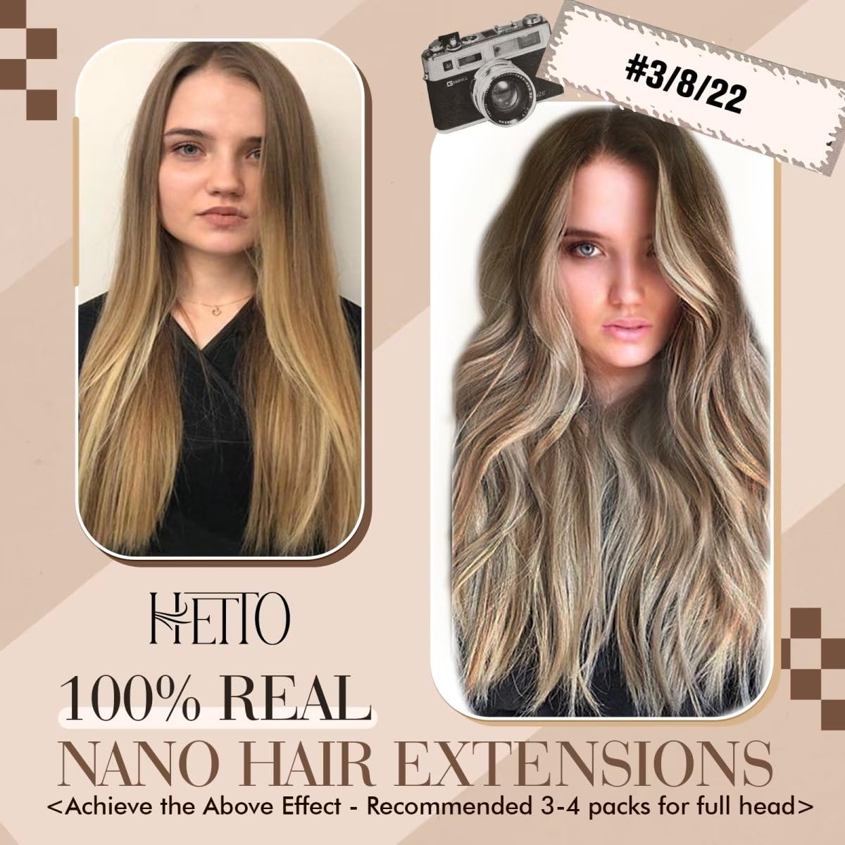 Hetto Nano Hair Extensions Human Hair Brown Nano Bead Hair Extensions Darker Brown To Light Brown With Medium Blonde Nano Link H