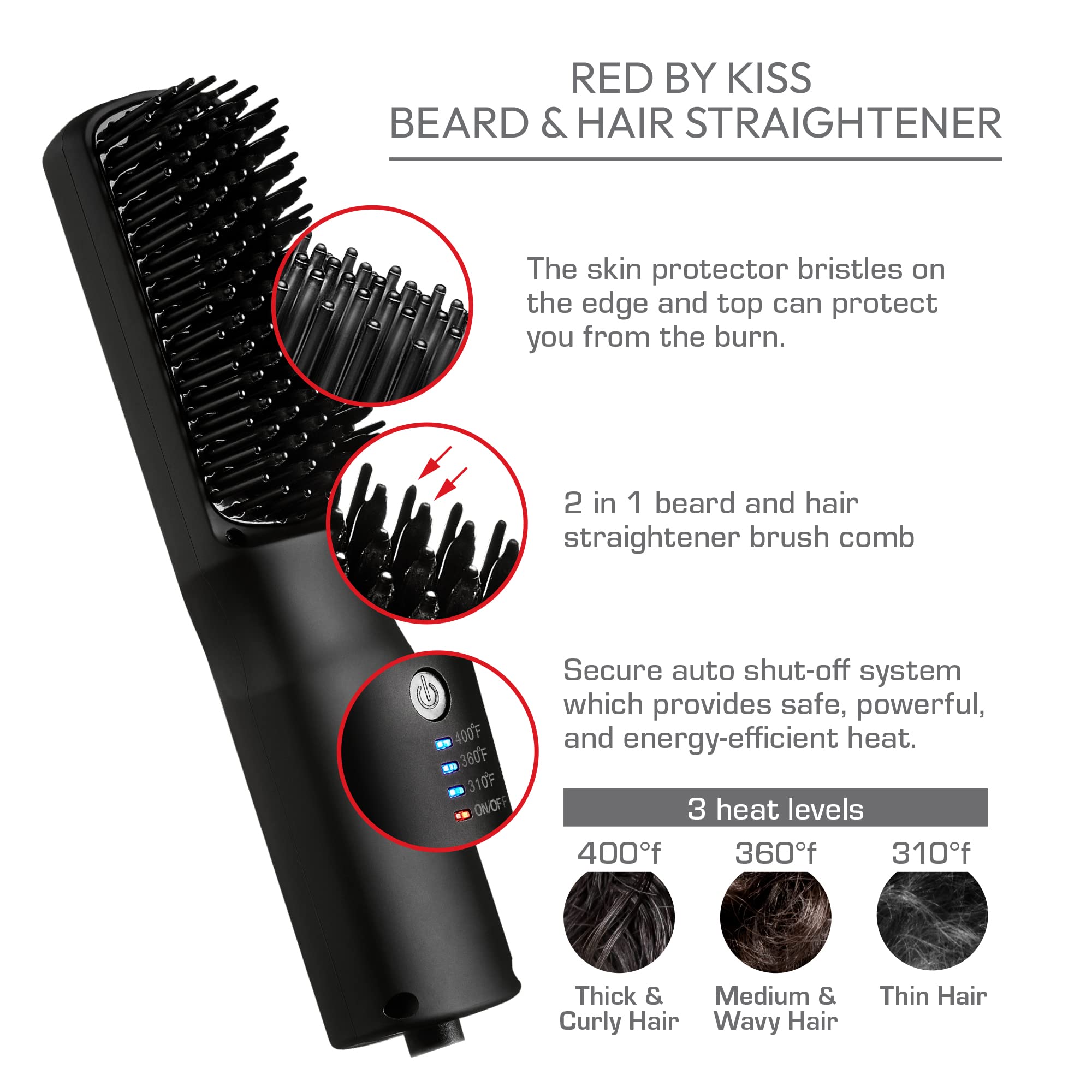 Red By Kiss Beard & Hair Straightener, Secure Auto Shut-Off, 2 In 1 Heated Straightening Beard Brush 360 Degree Swivel Cord Temp