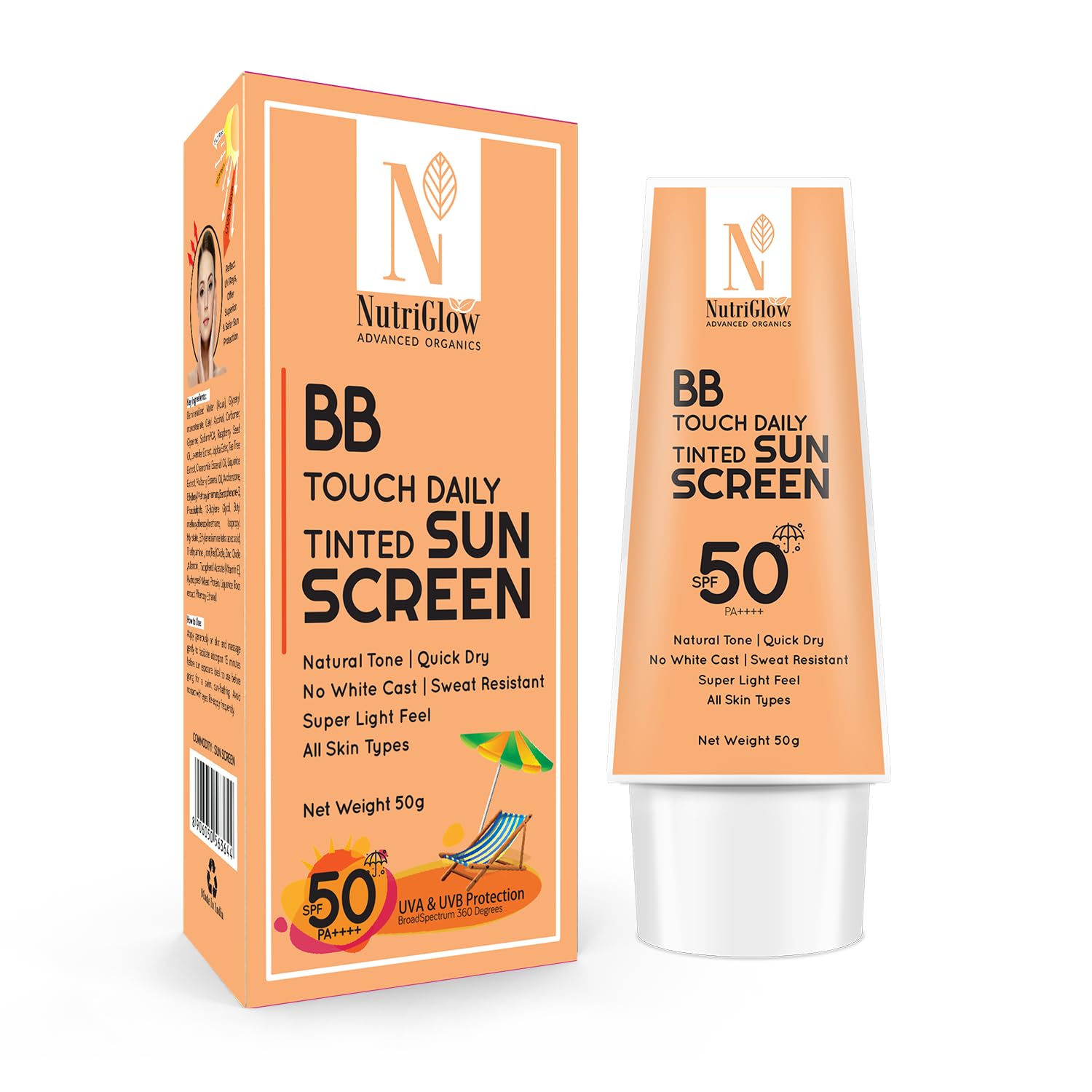 NutriGlow Advanced Organics BB Touch Daily Tinted Sunscreen spf50 PA++++, No White Cast, Lightweight / UV A & UV B Blue Light Pr