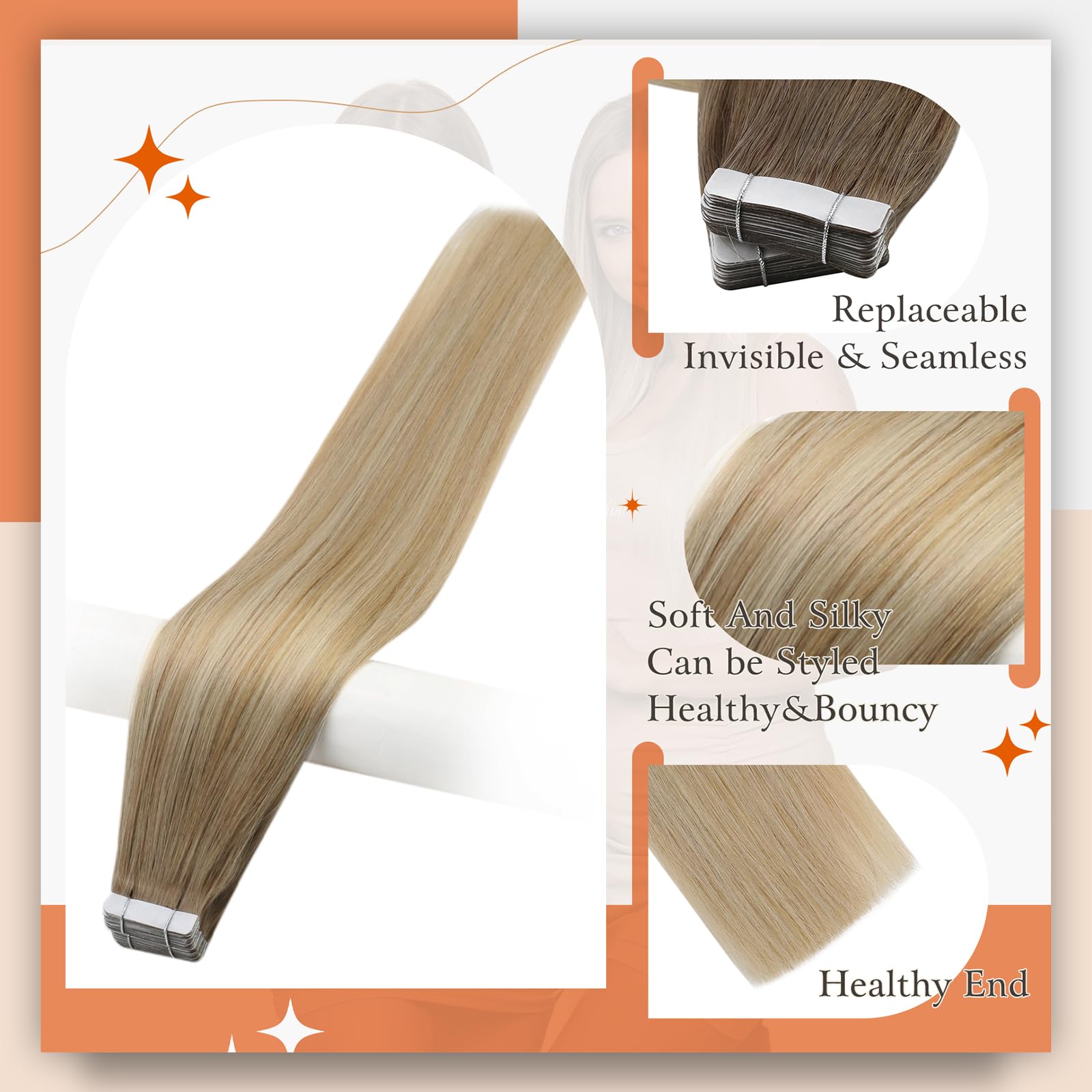 Full Shine Balayage Tape In Hair Extensions Human Hair #6/27/60 Human Hair Tape In Extensions Black Seamless Tape In Human Hair