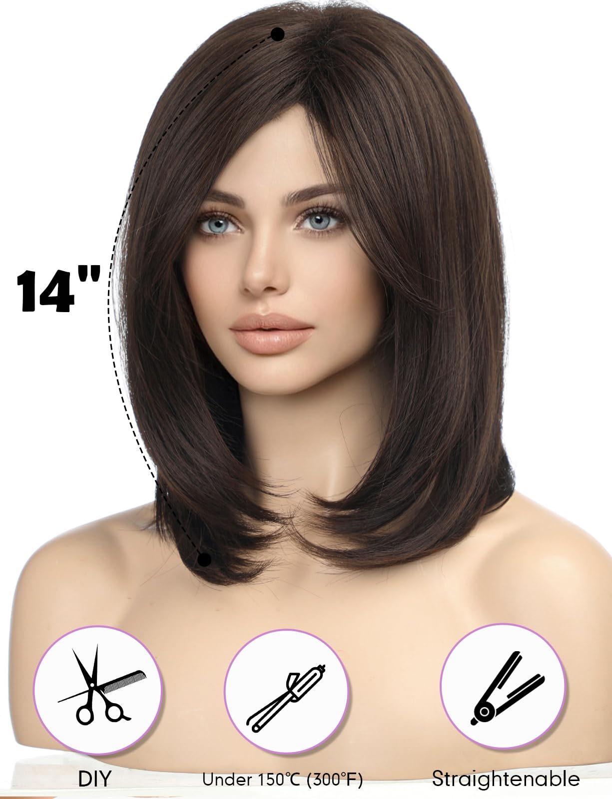 Haircube Dark Brown Shoulder Length Bob Wigs For Women Side Parting