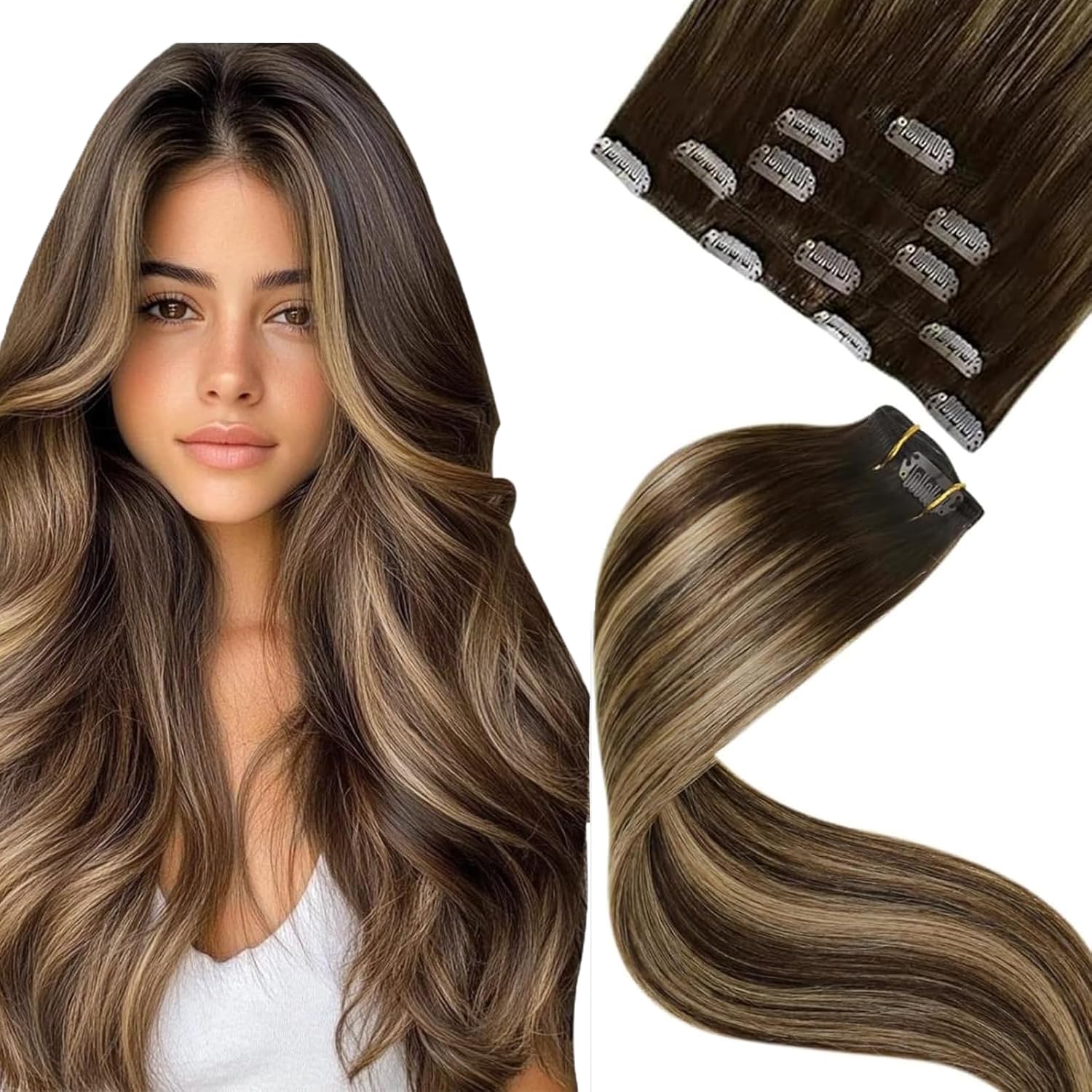 Hetto Balayage Brown Clip in Extensions Human Hair #4 Dark Brown to #27 Honey Blonde and #4 Chocolate Brown Clip in Human Hair 1