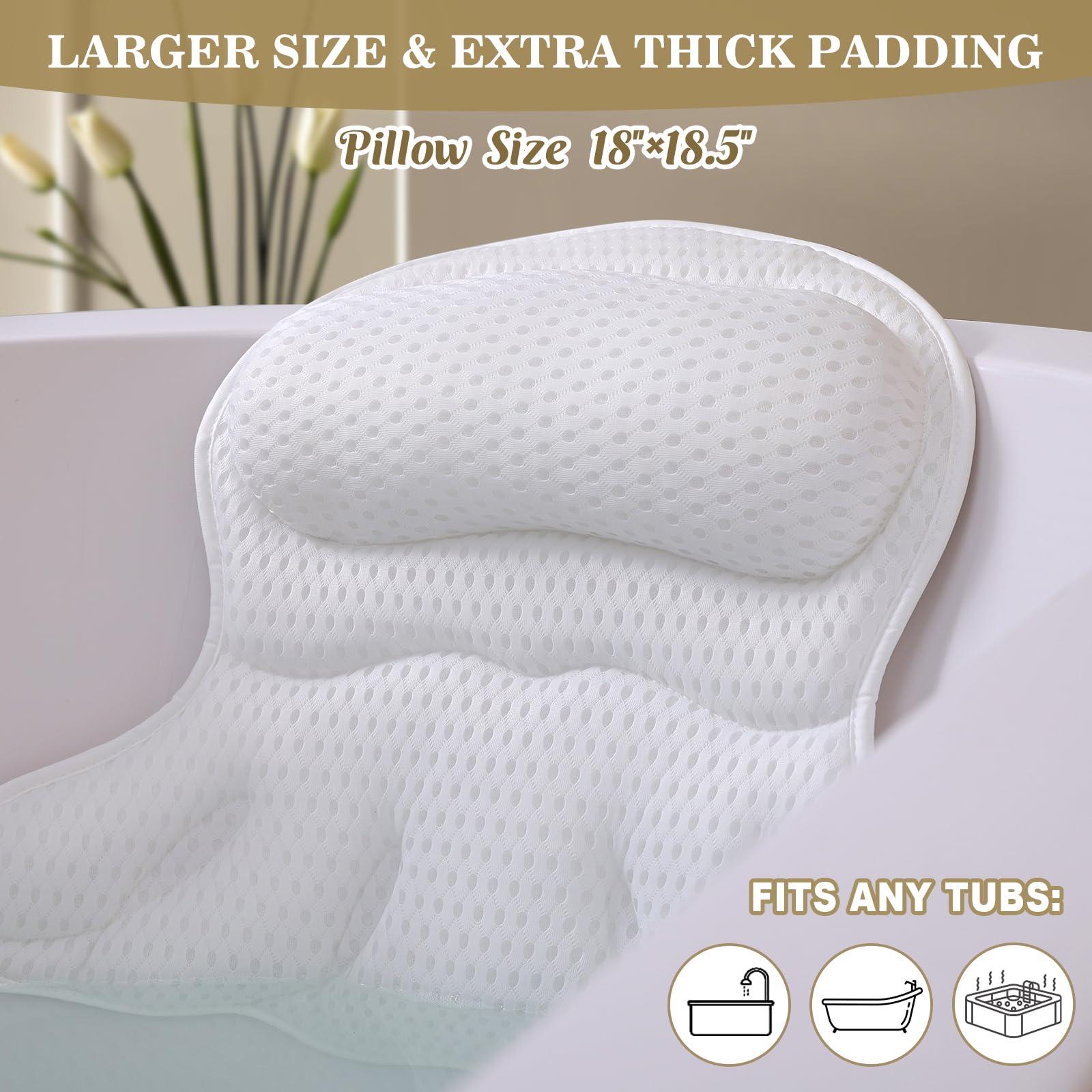 Bath Pillow Luxury Bathtub Pillow, Extra Soft & Comfortable Bath Pillows For Tub Head Neck And Back Support, With 4D Air Mesh Cu