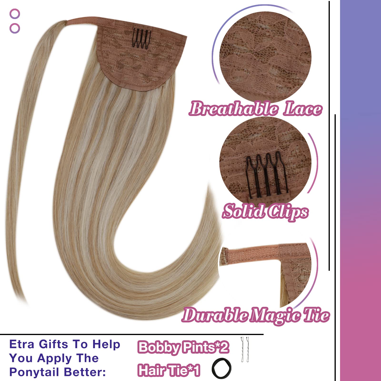 Hetto Blonde Ponytail Extensions Human Hair 18 Inch 80g Golden Blonde Highlight with Bleach Blonde Clip in Magic Paste Ponytail