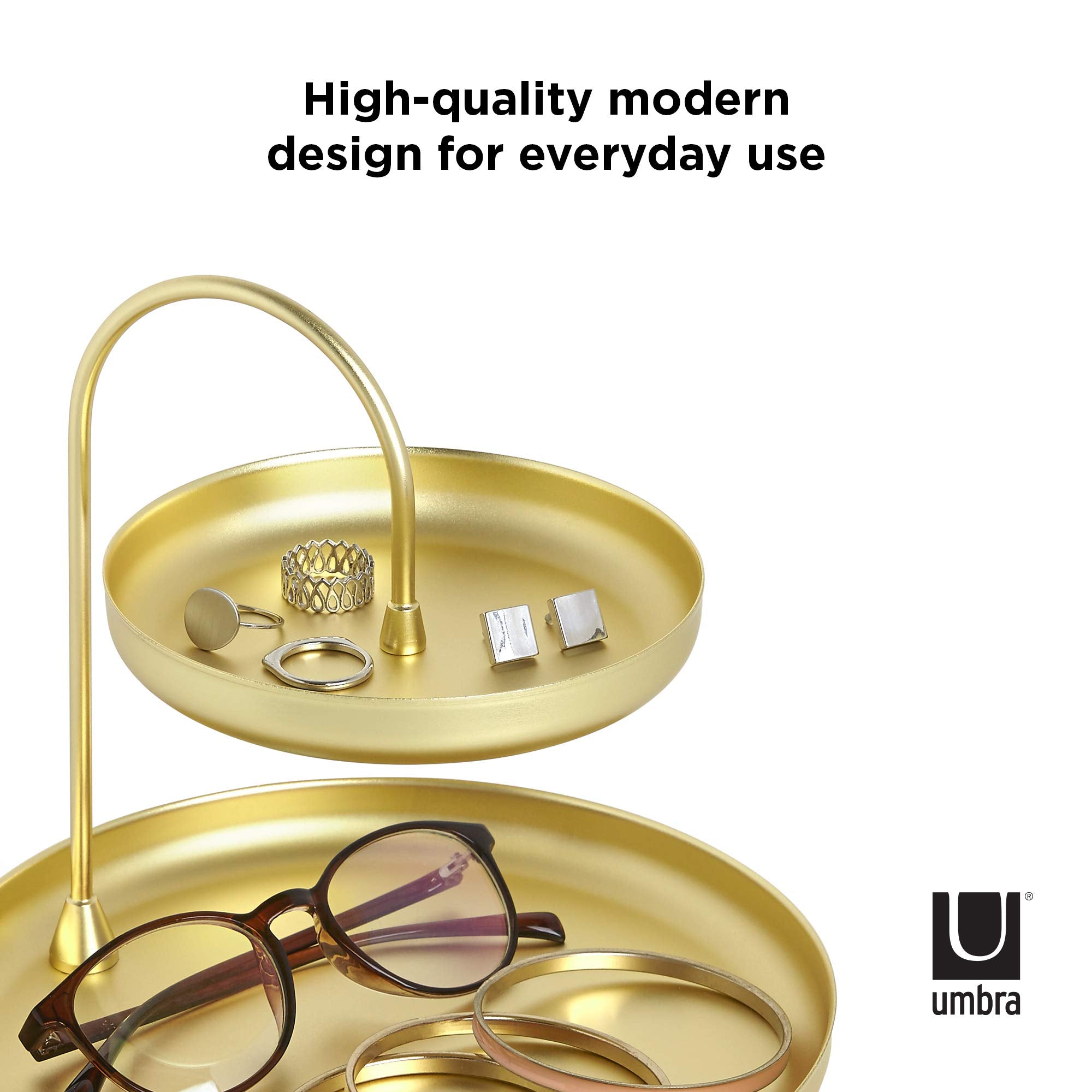 Umbra Poise Large, Double Jewelry Tray, Attractive Jewelry Storage You Can Leave Out, Two-Tiered, Matte Brass Finish