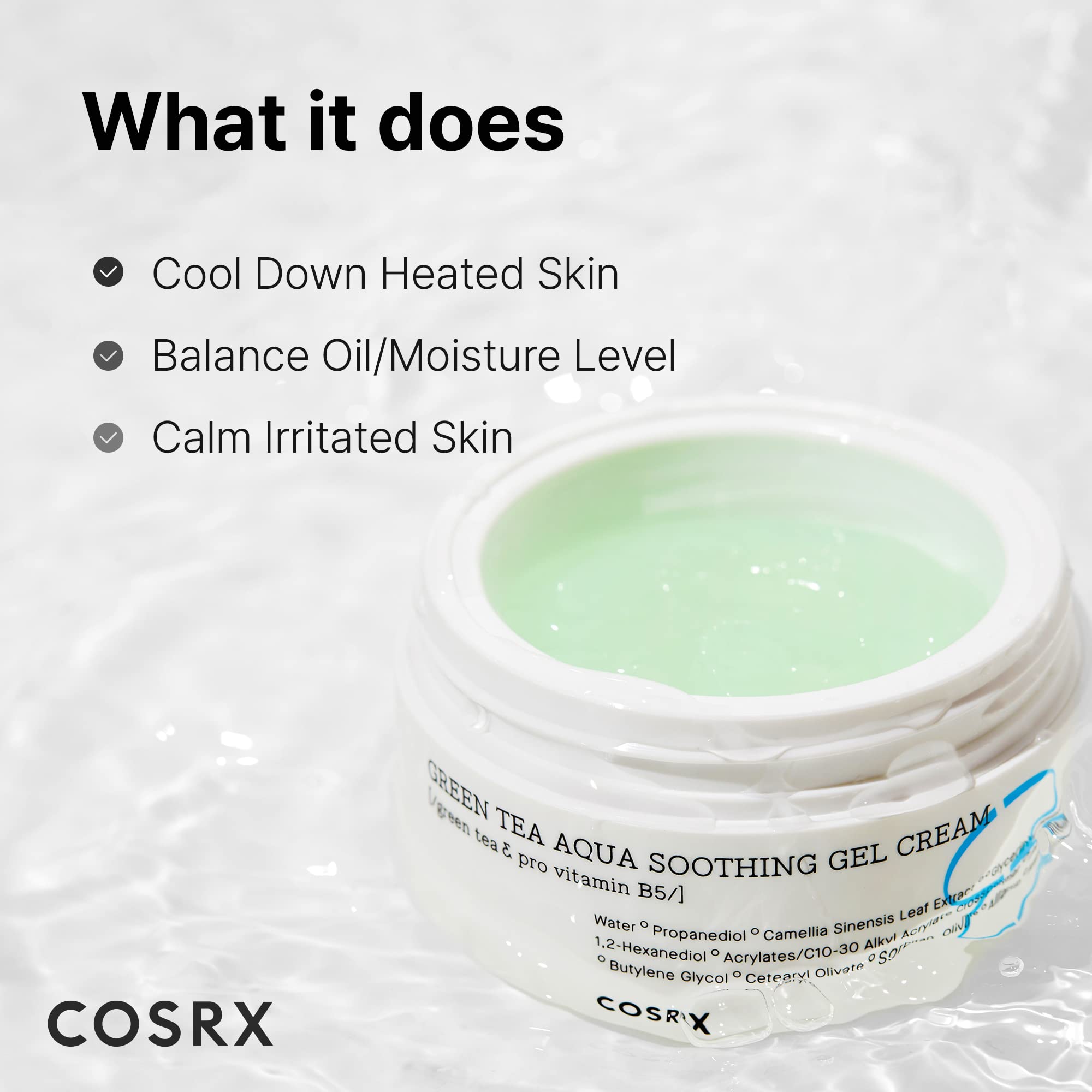 COSRX Hydrium Green Tea Aqua Soothing Gel Cream, 1.69 fl. oz, Lightweight, Paraben Free, Plastic, Model RLE50622