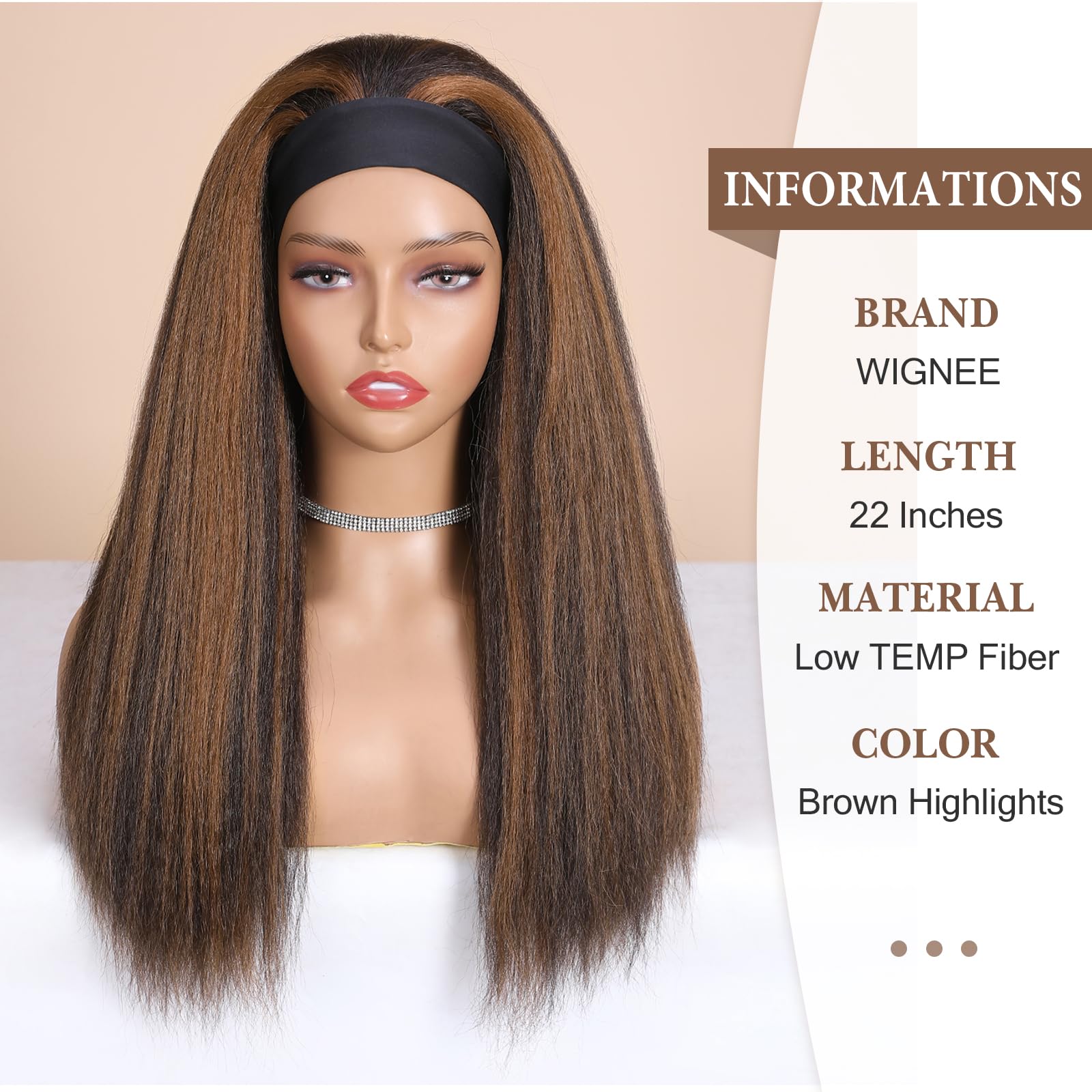 Wignee Brown Highlights Kinky Straight Headband Wig For Women 22 Inches Yaki Straight Wigs With Black Headband Kinky Straight Wi