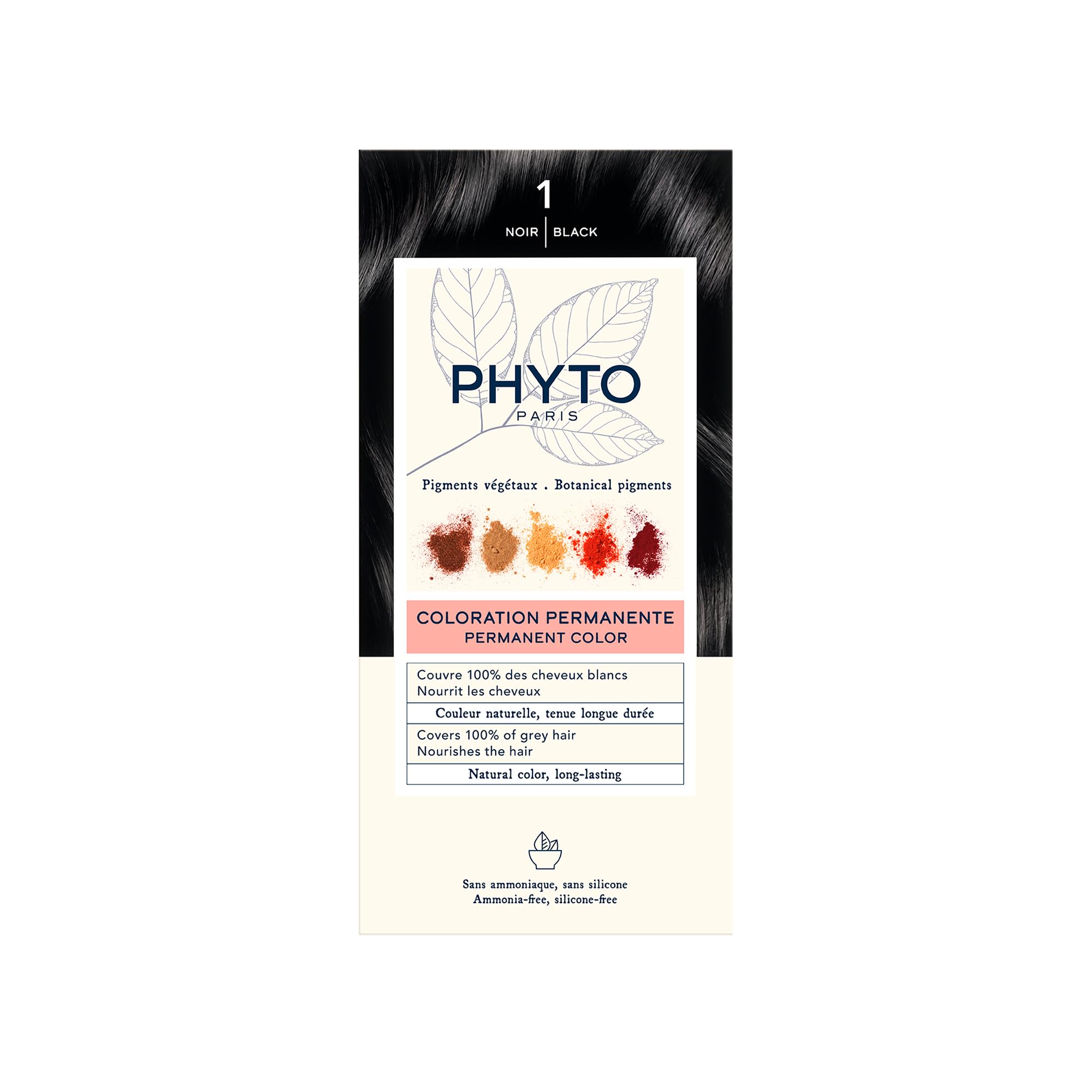 PHYTO Phytocolor Permanent Hair Color, 1 Black, with Botanical Pigments, 100% Grey Hair Coverage, Ammonia-free, PPD-free, Resorc