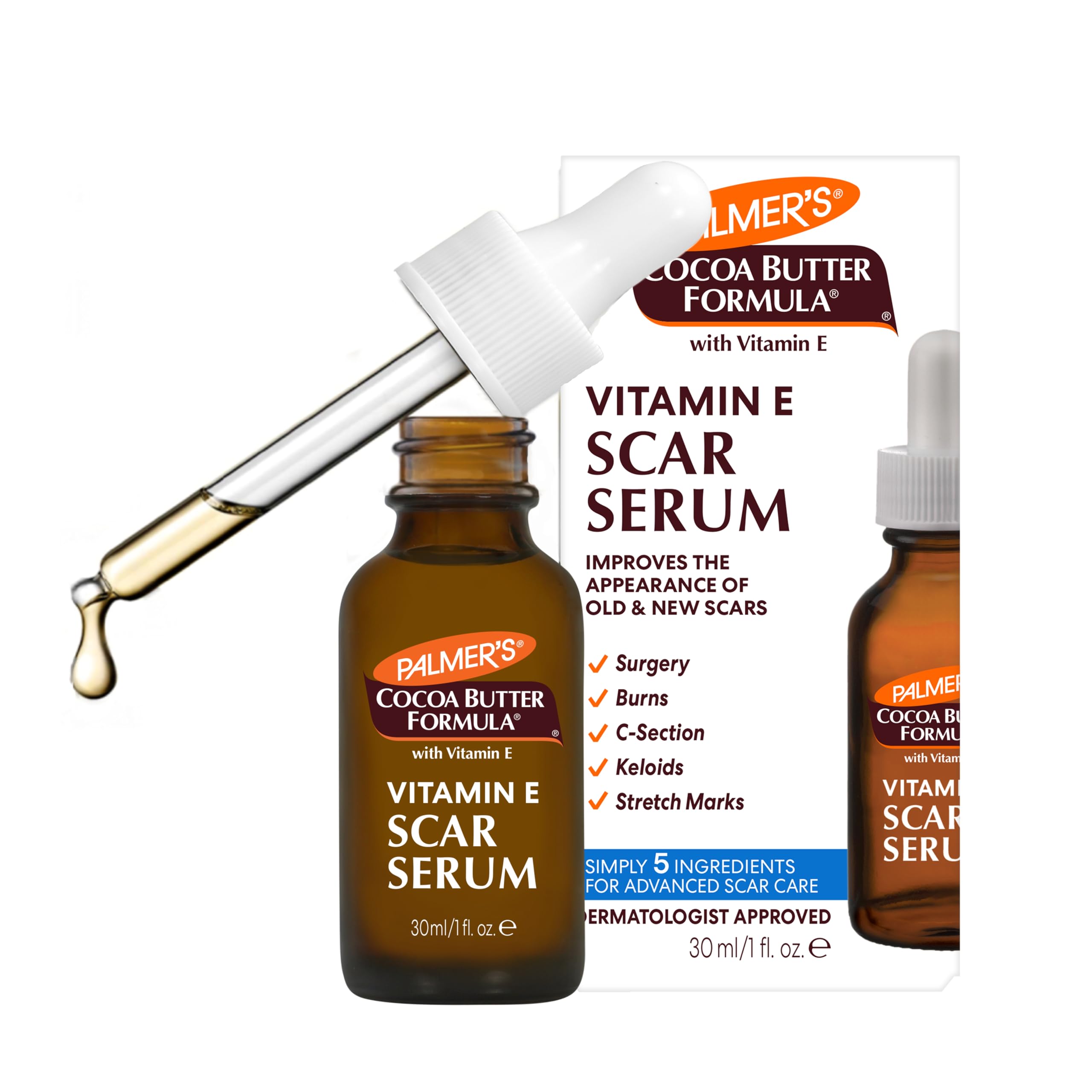 Palmer's Cocoa Butter Formula Scar Serum, Skin Brightening Oil for Face & Body, Concentrated Serum with Vitamin E, Fragrance Fre