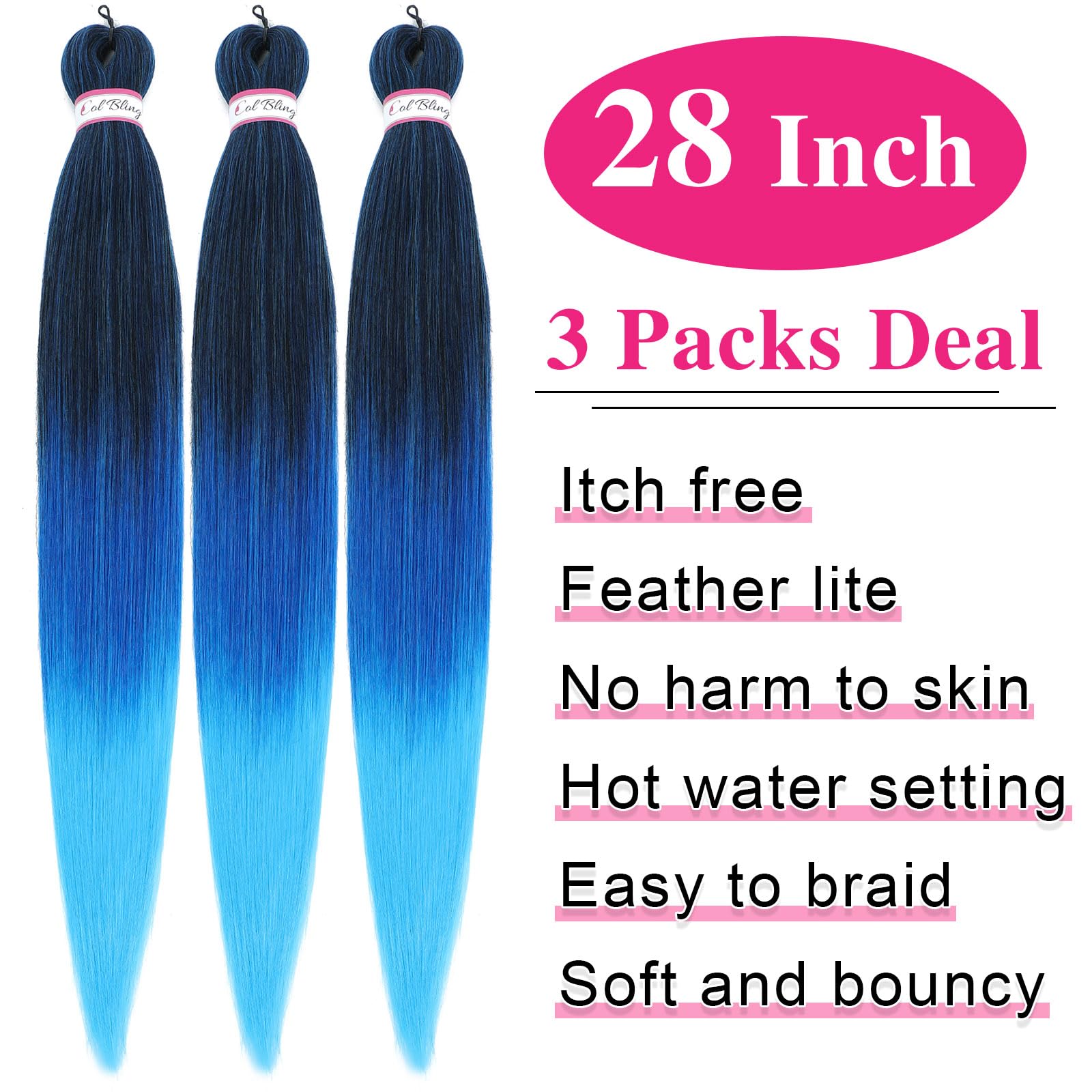 Col Bling Braiding Hair Pre Stretched 28 Inch 3 Packs Ombre Blue Long Braid Hair Extensions For Women Box Braids Hair Pre-Stretc