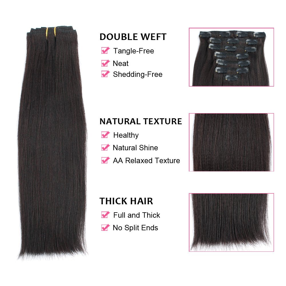 ABH AmazingBeauty Hair Real Remy Thick Yaki Straight Clip Ins Black Hair Extensions for African American Relaxed Hair 7 Pieces 1