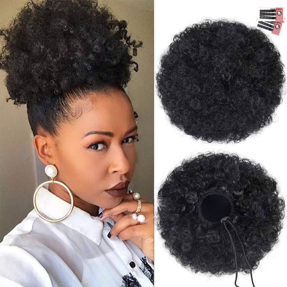 Rosmile Afro Puff Drawstring Ponytail Extension For Black Women, Black 1B# 80Gram Short Synthetic Afro Puff Ponytail For Natural
