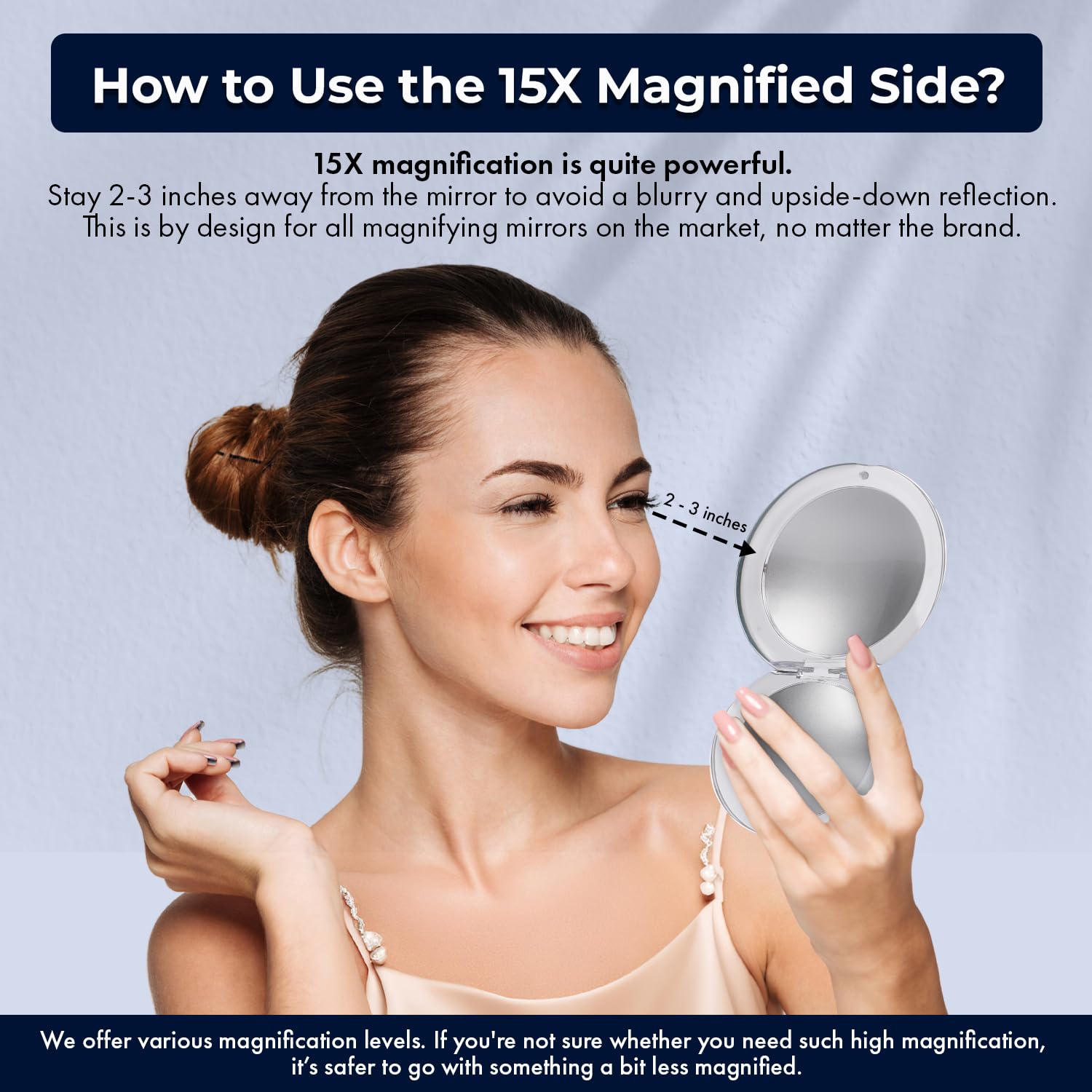 Mirrorvana Small Compact 15X Magnifying Mirror For Travel - Handheld, Foldable & Very Lightweight - Mini Pocket-Sized Magnified