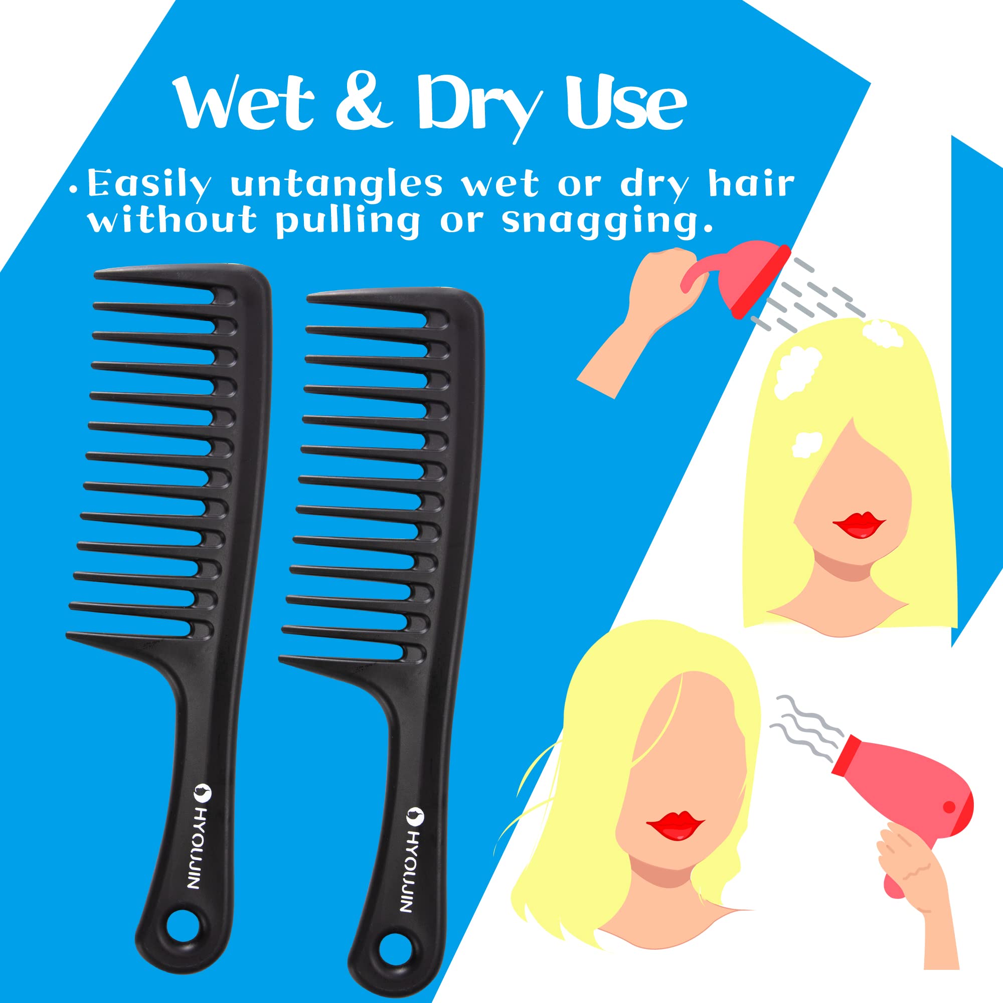 Hyoujin Two Set Large Wide Tooth Comb Detangling Wet Or Dry Hair Combs Shower Comb For Women,Men,Hair Styling Brush For Black Na