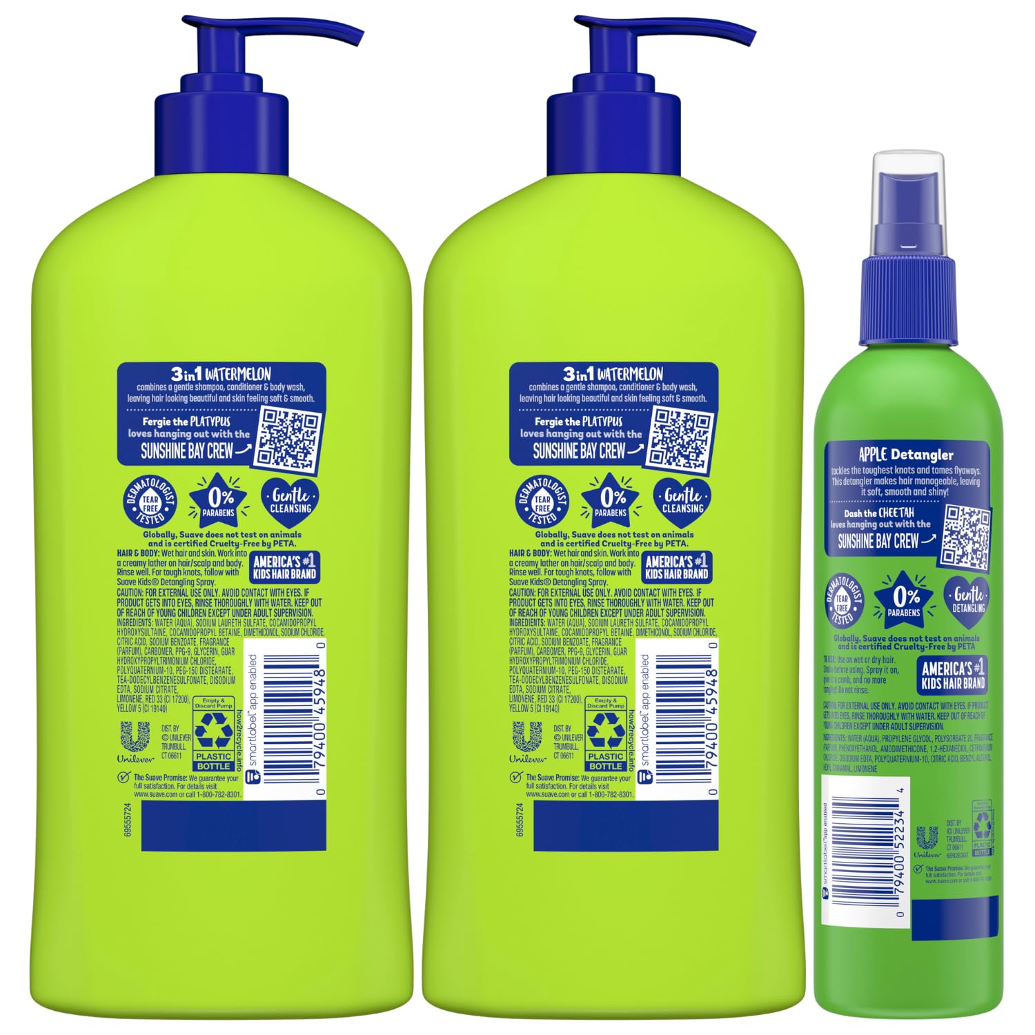 Suave Kids Shampoo & Conditioner 3-In-1, Watermelon Wonder 2-Pack + Detangler Spray For Kids, Silly Apple, Dermatologist-Tested