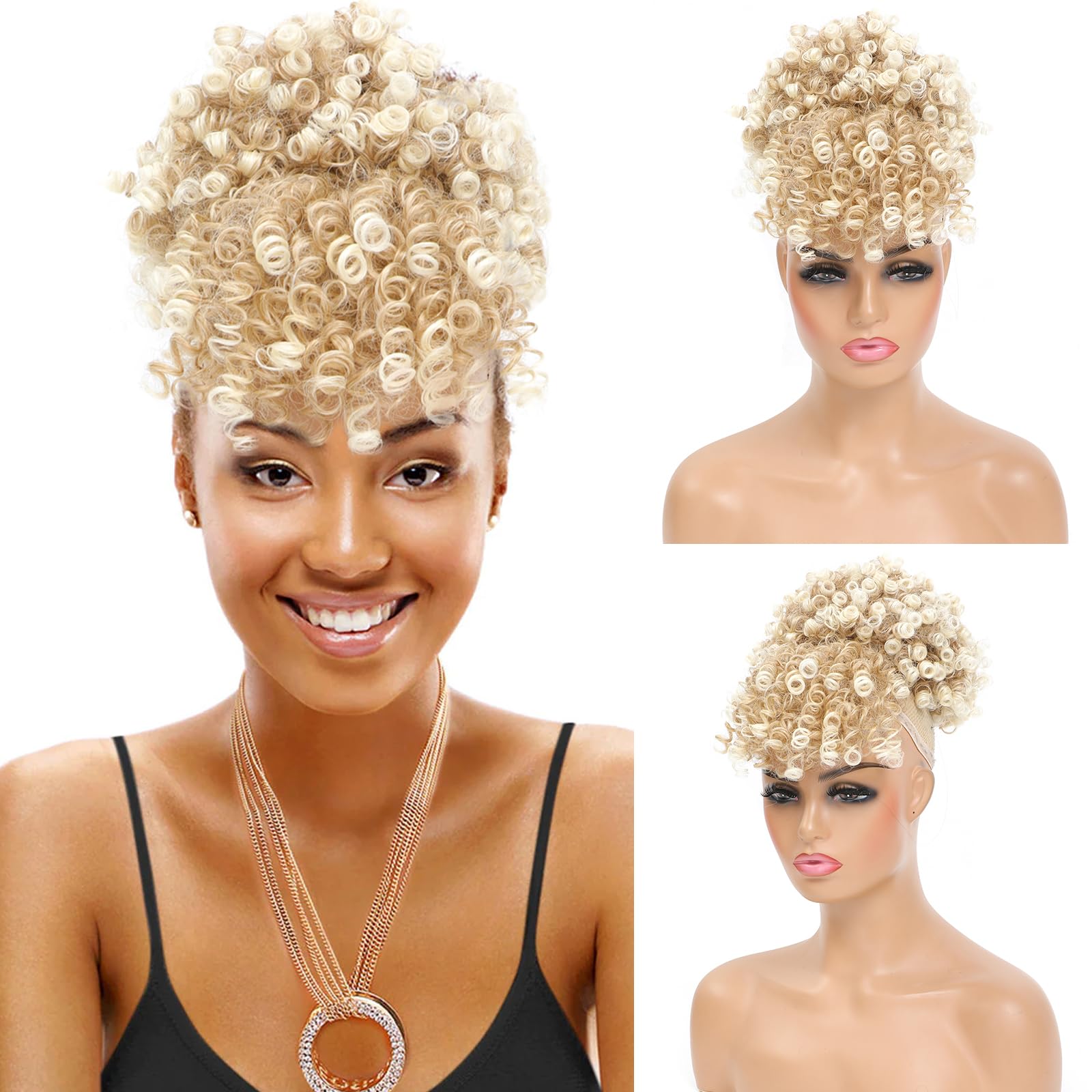 ENTRANCED STYLES Drawstring Ponytail with Bangs Afro Puff Ponytail Extensions for Women Short Curly Puff Ponytail with Bangs Cli