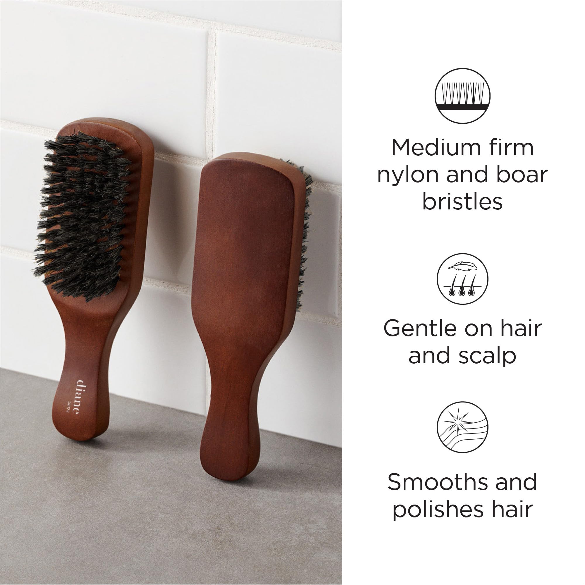 Diane Reinforced Boar Bristle Club Wave Brush for Men and Barbers - Medium Bristles for Thick and Curly Hair - Use for Detanglin