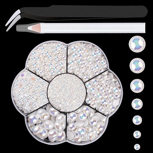 Nail Art Flat Back Half Round Pearl Kits 5, 1 Box of 2400 Pcs Flat-Back White AB Pearl with Tweezer and Picker Pencil for Home D