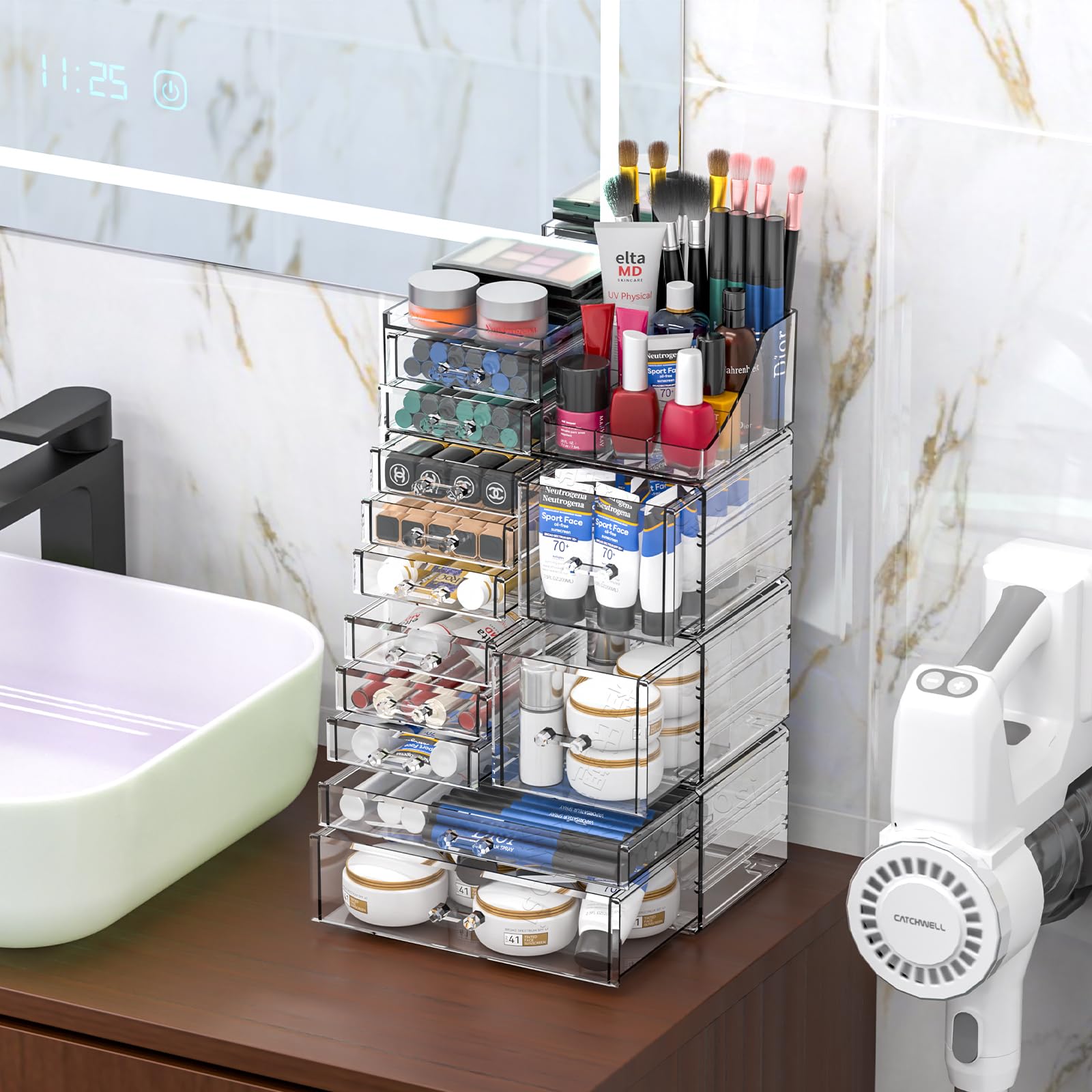 Cq acrylic 4 Pack Clear Makeup Organizer for Counter,12 Drawers Stackable Skincare Organizer,Large Cosmetic Storage Organizer fo