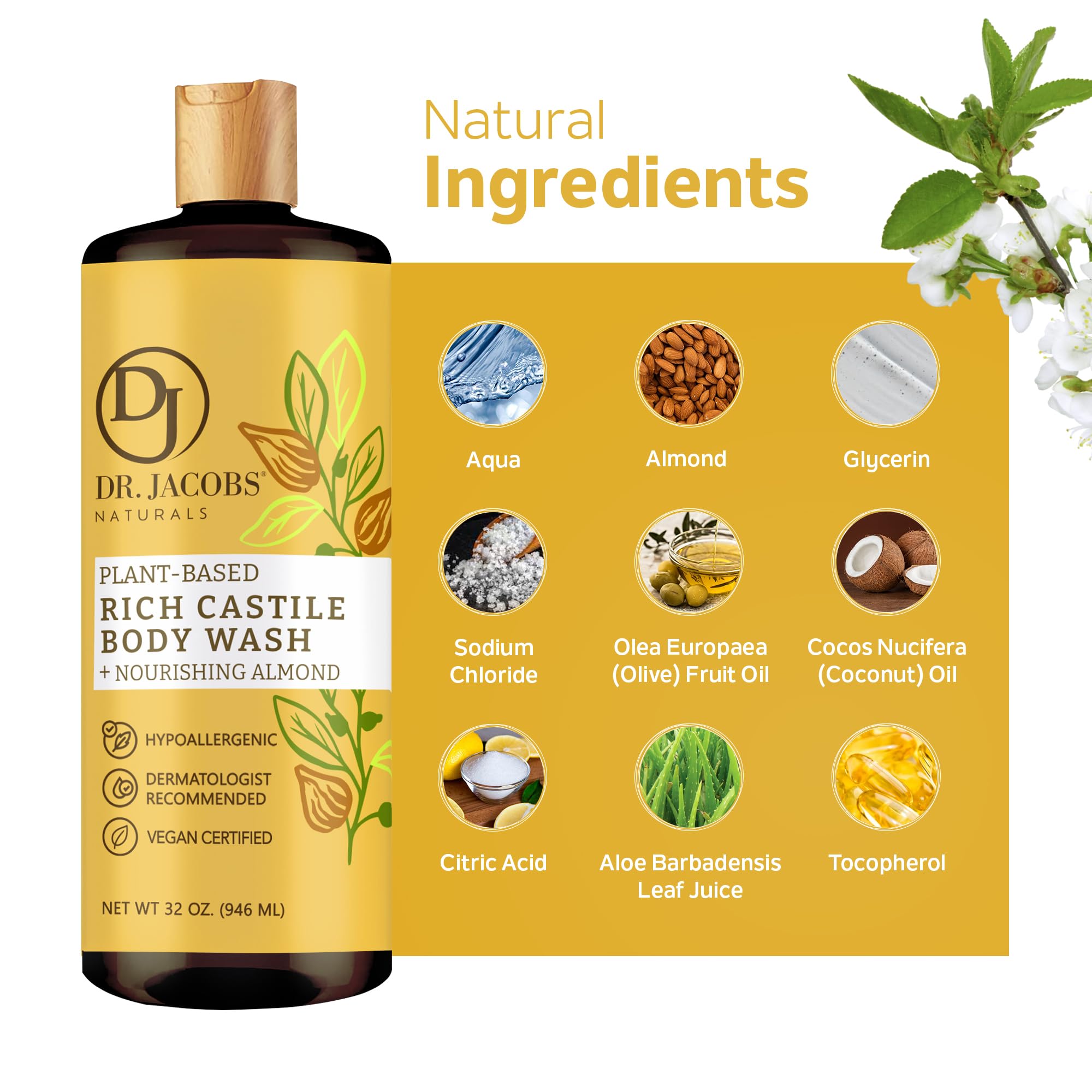 Dr Jacobs Naturals Pure Castile Liquid Soap Gel - Moisturizing (Almond Honey, 32 Oz 3-Pack) Made With Premium Organic Oils - Veg