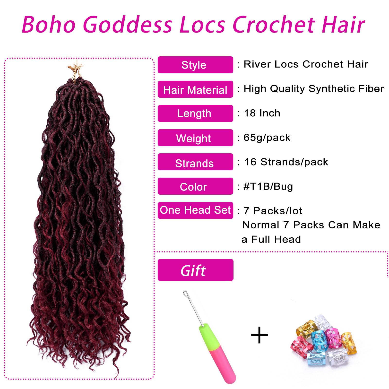 Goddess Locs Crochet Hair 18 Inch 7 Packs Ombre Burgundy Boho Faux Locs Crochet Hair for Black Women Pre Looped Crochet Locs wit