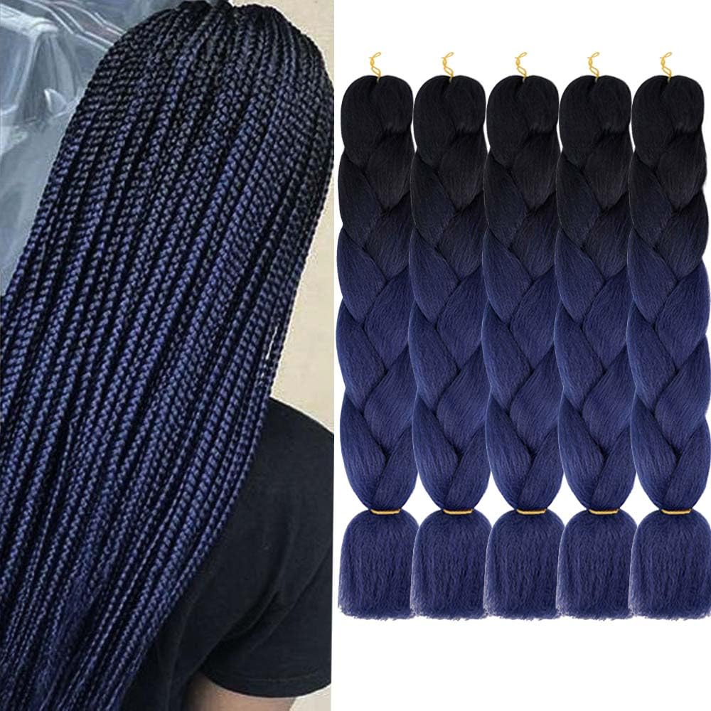 AIDUSA Ombre Braiding Hair Black to Dark Blue 5 Pcs Synthetic Afro Braiding Hair Extensions 24 Inch 2 Tones for Women Twist Croc