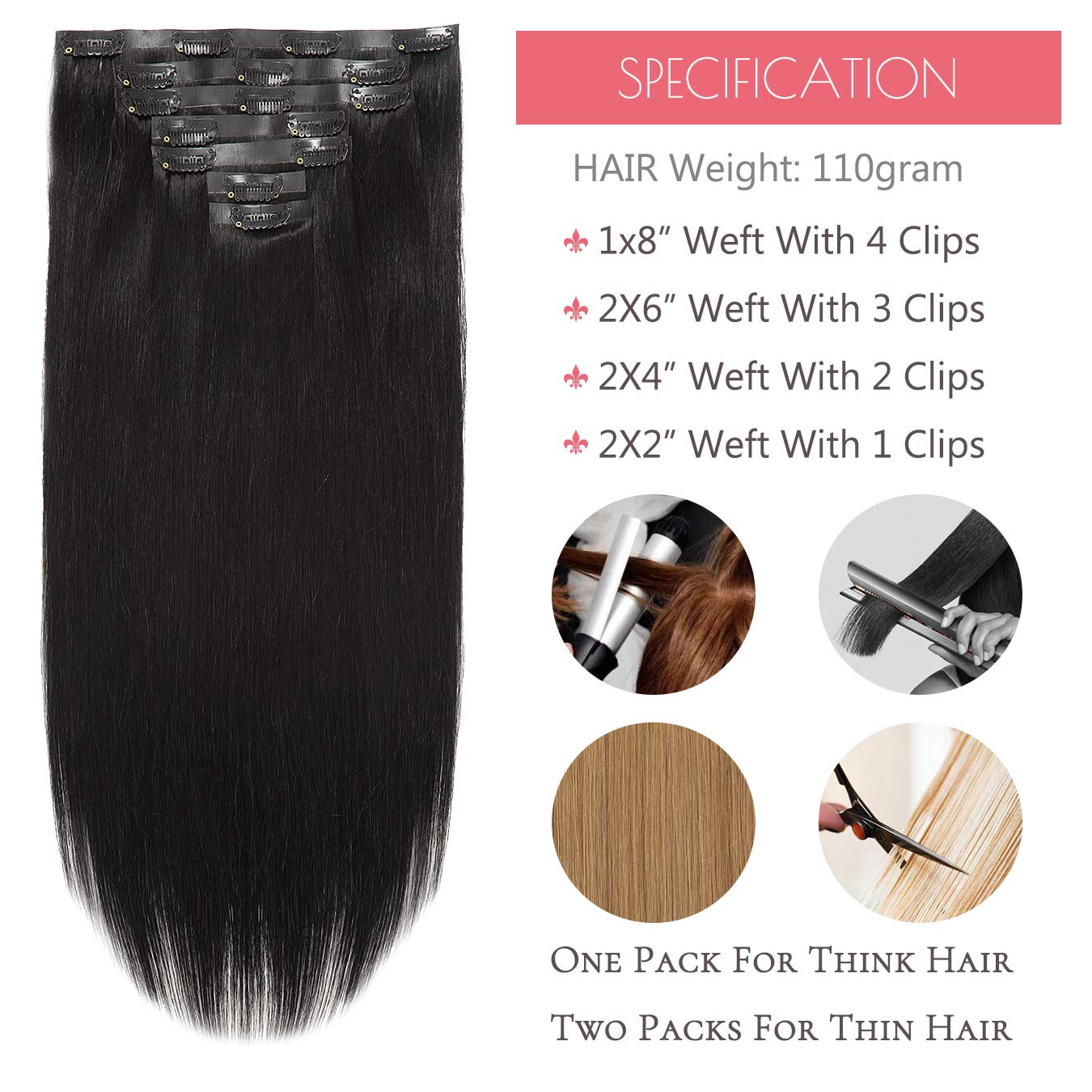 Loxxy Human Hair Extensions Clip In Pu Weft Jet Black Seamless Hair Extensions Clip In 22Inch 110Gram 7Pcs Remy Hair Extensions