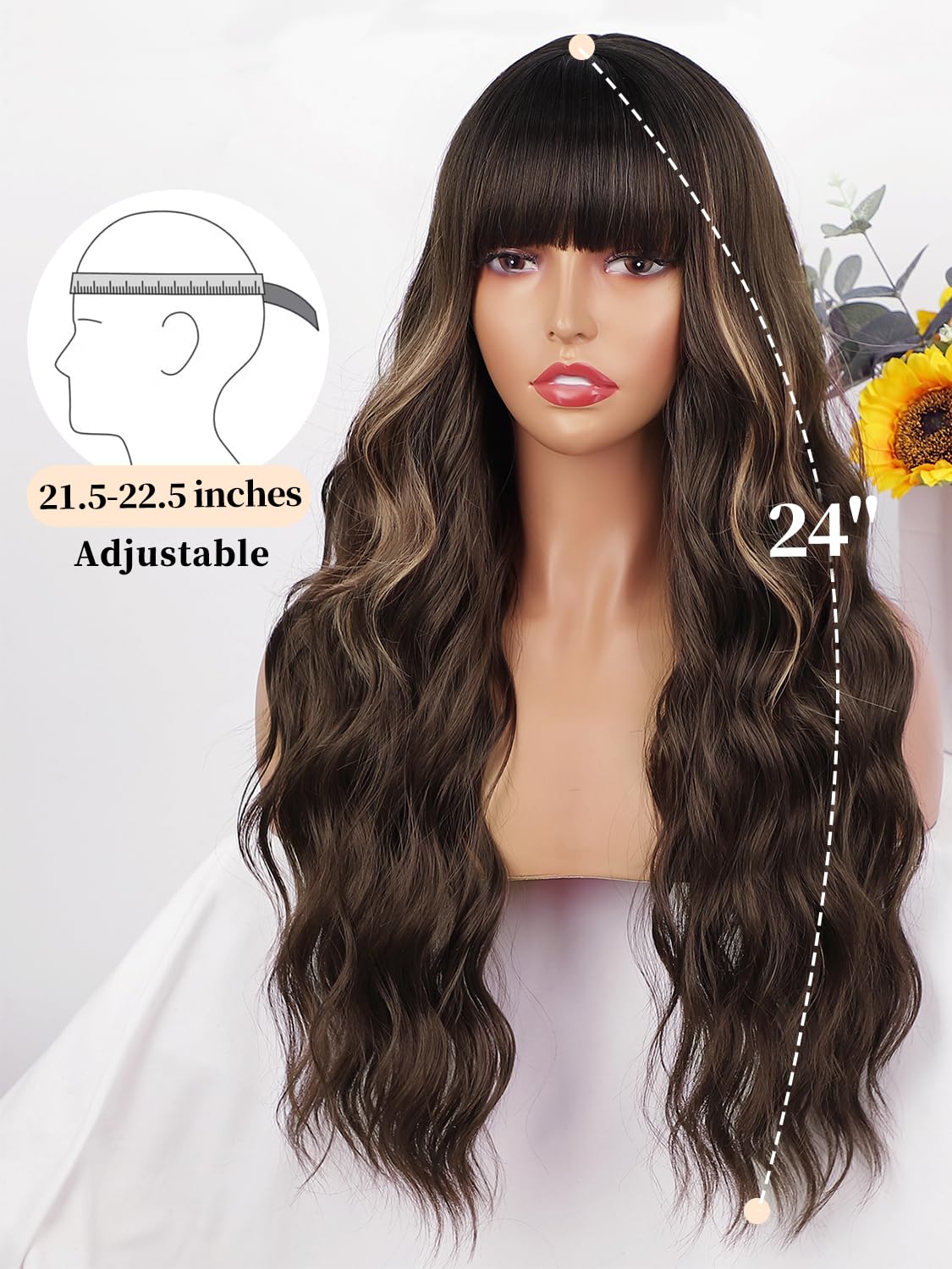 Aisi Queens Brown Wig With Bangs For Women Long Wavy Hair Wig Brown Highlight Wig Curly Wavy Synthetic Wigs For Girls Daily Part