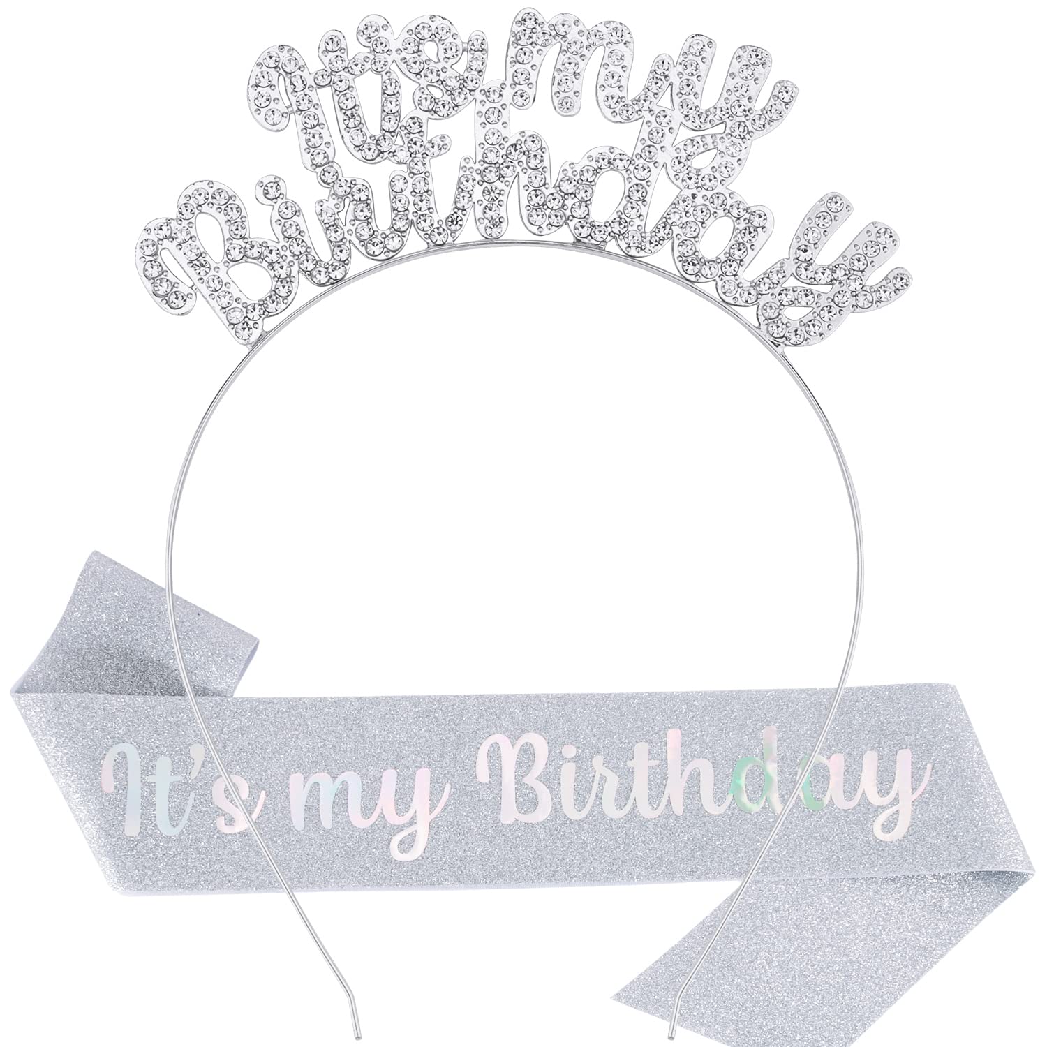 Chanaco Birthday Crowns for Women, Birthday Sash & Birthday Headband Set, Birthday Girl Sash & Birthday Tiara for Women (Silver)